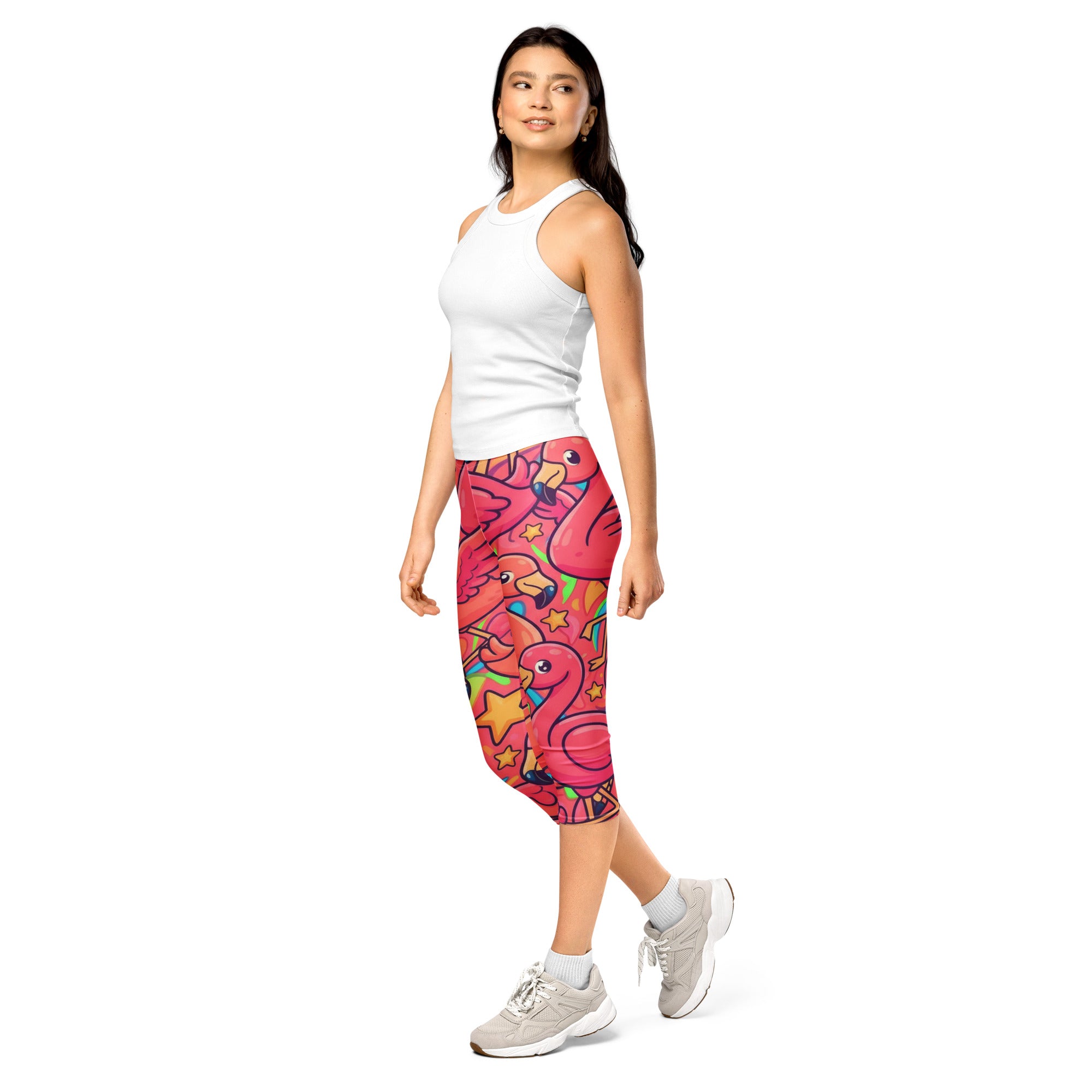 Women's vibrant flamingo flock printed capris front view