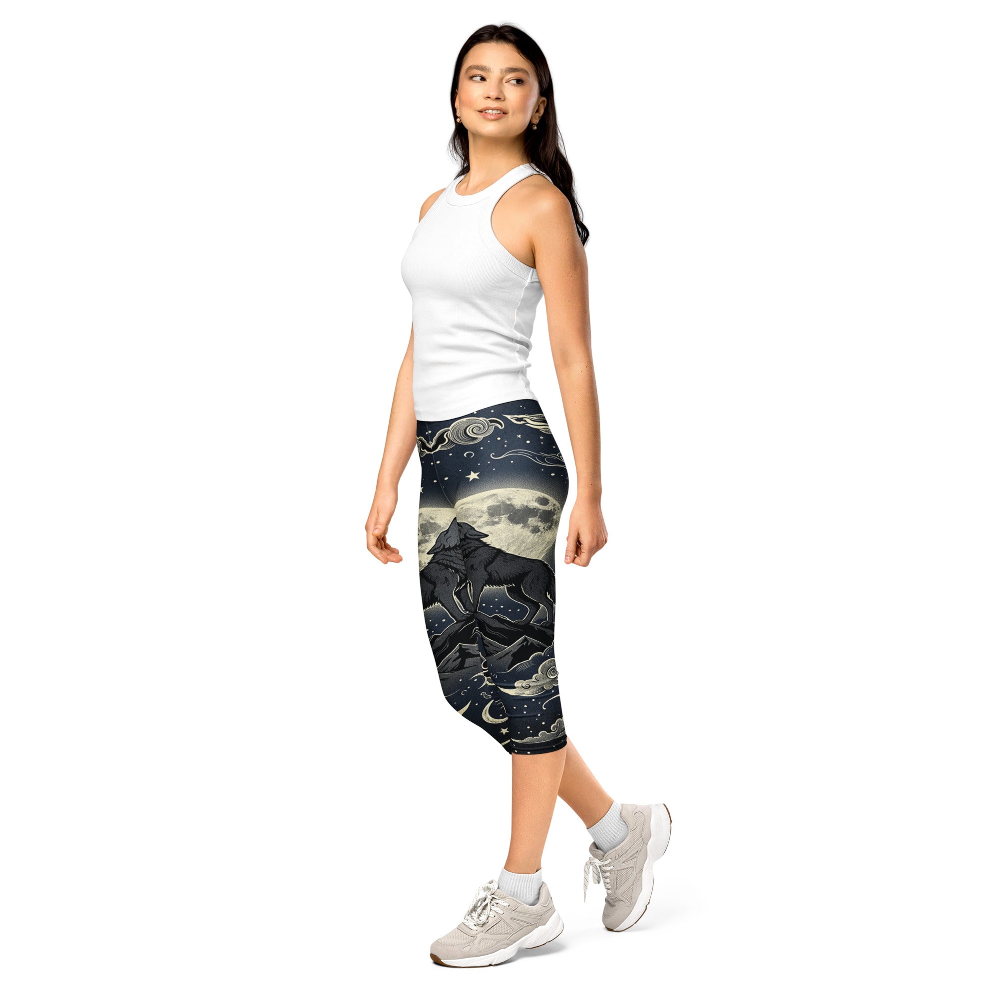 Women's wolf howl full moon printed capris front view