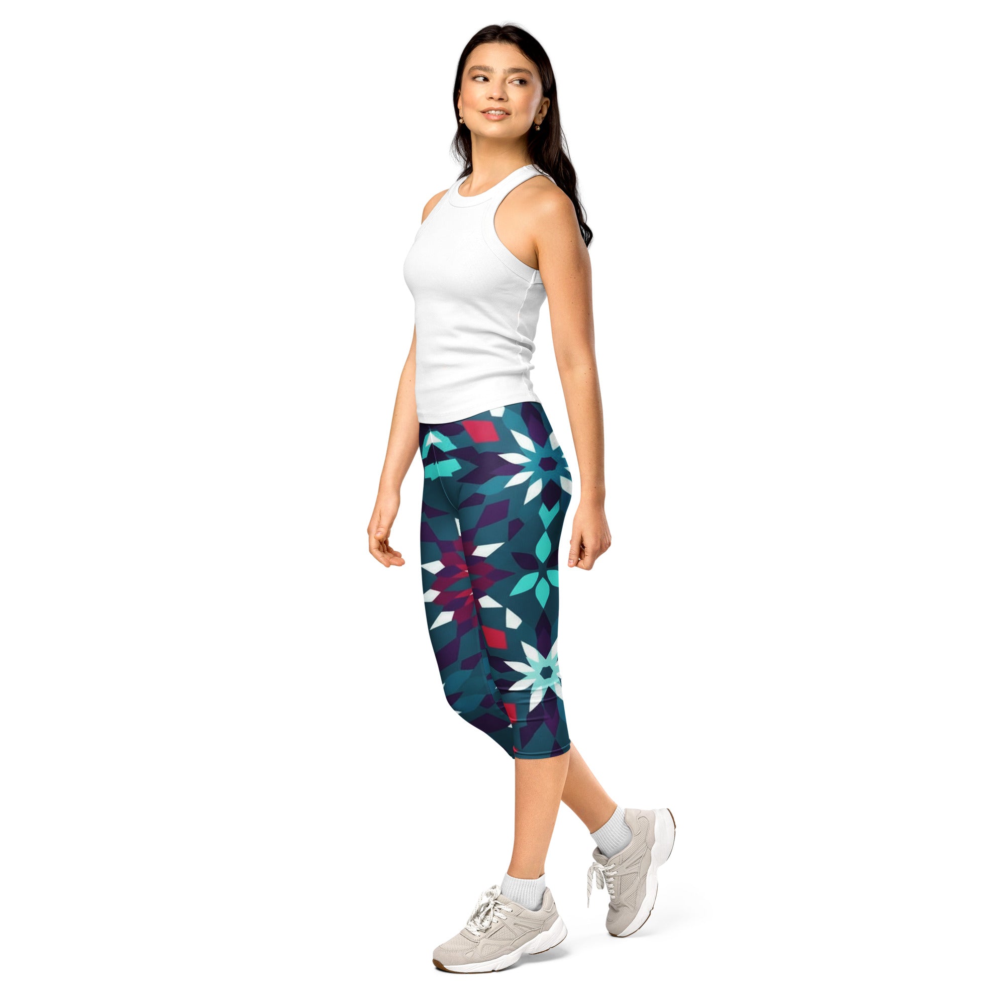 Women's crimson teal printed capri leggings front view