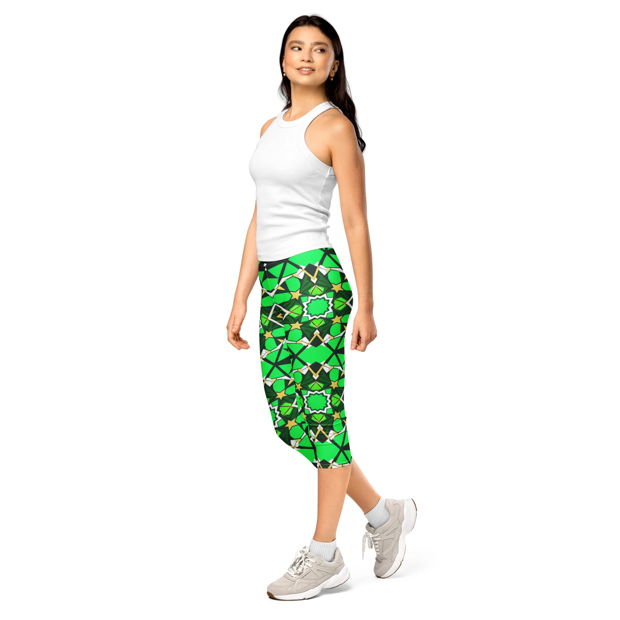 Women's emerald gold patterned capri leggings front view