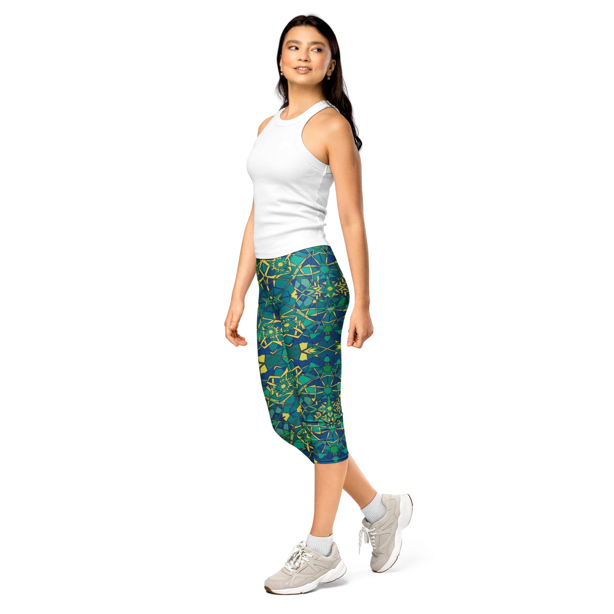 Women's zellige peacock printed capris front view