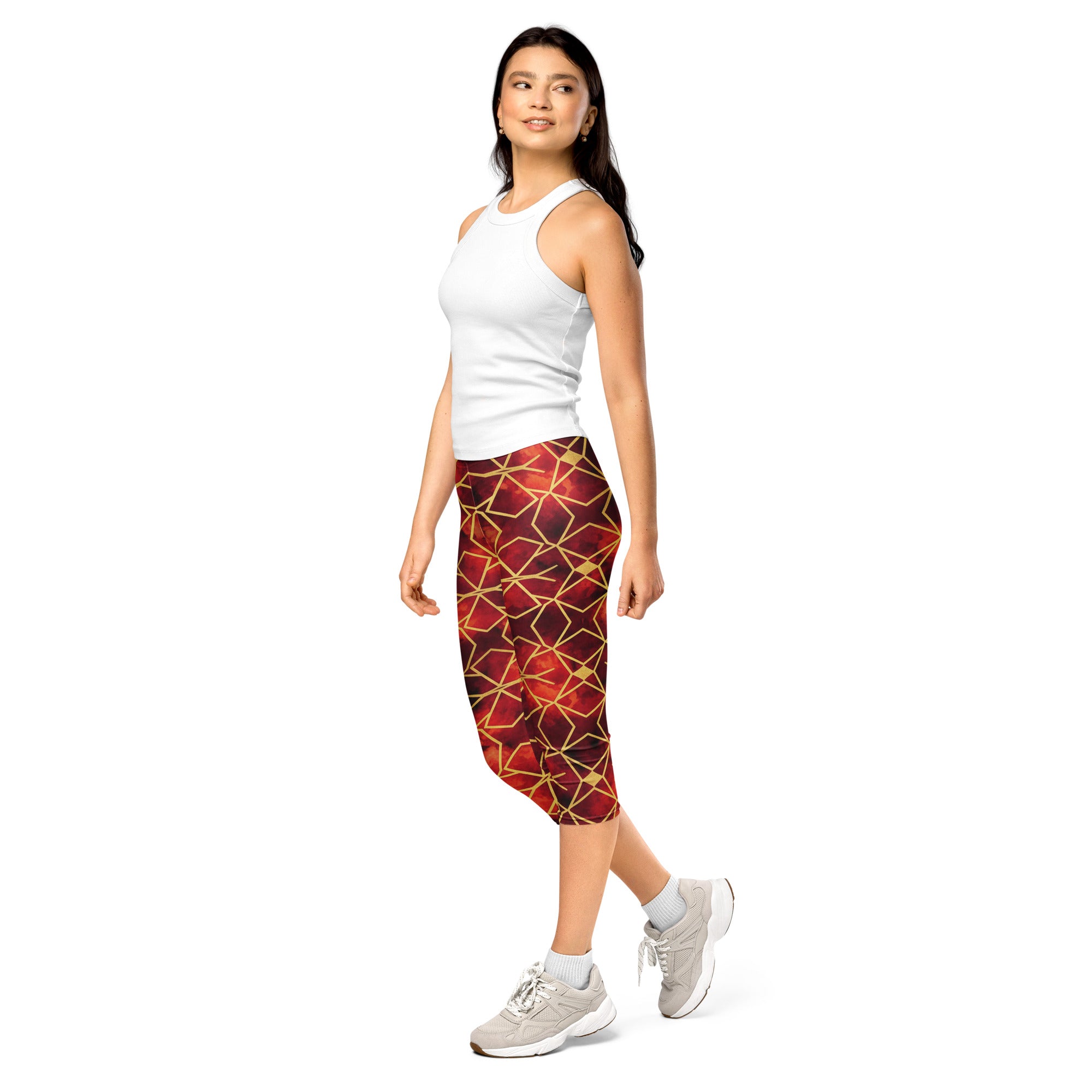 Women's ruby gold printed capris front view