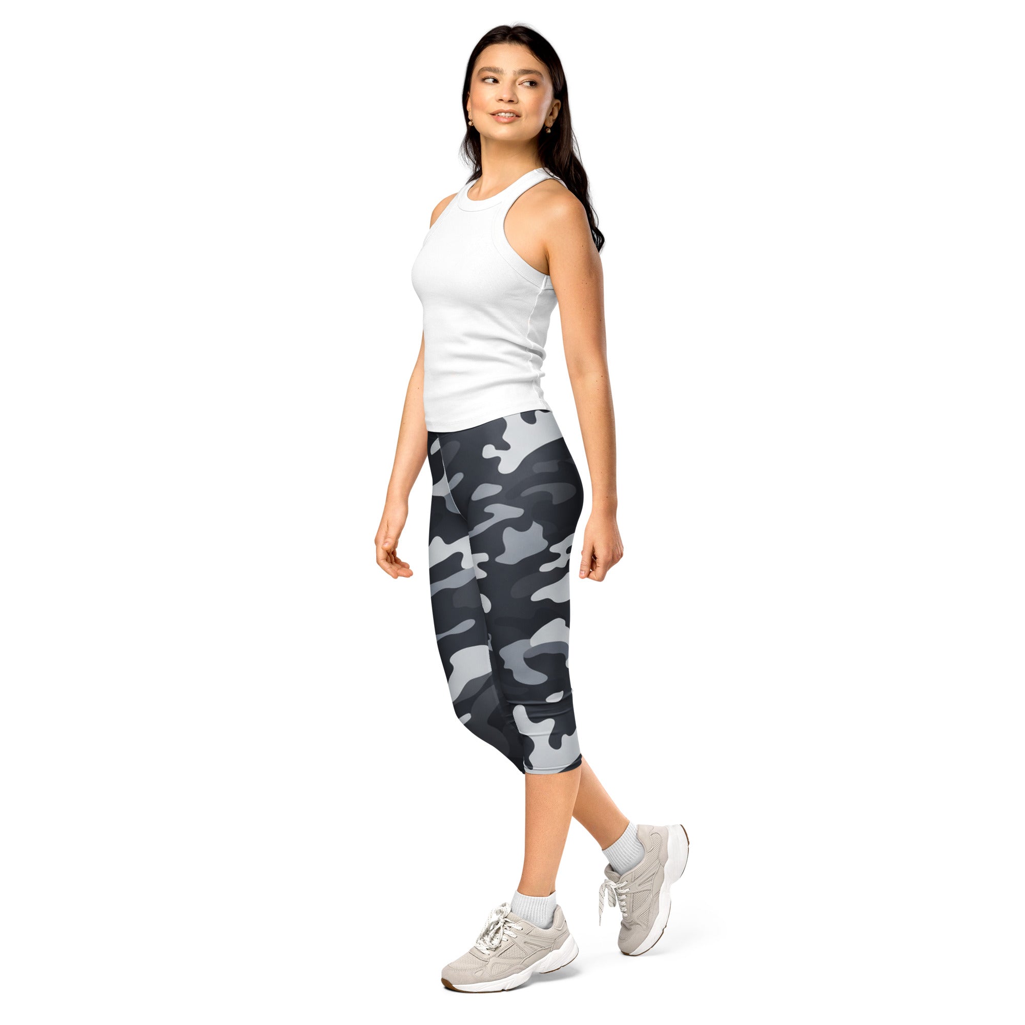 Women's charcoal steel camo capri leggings front view