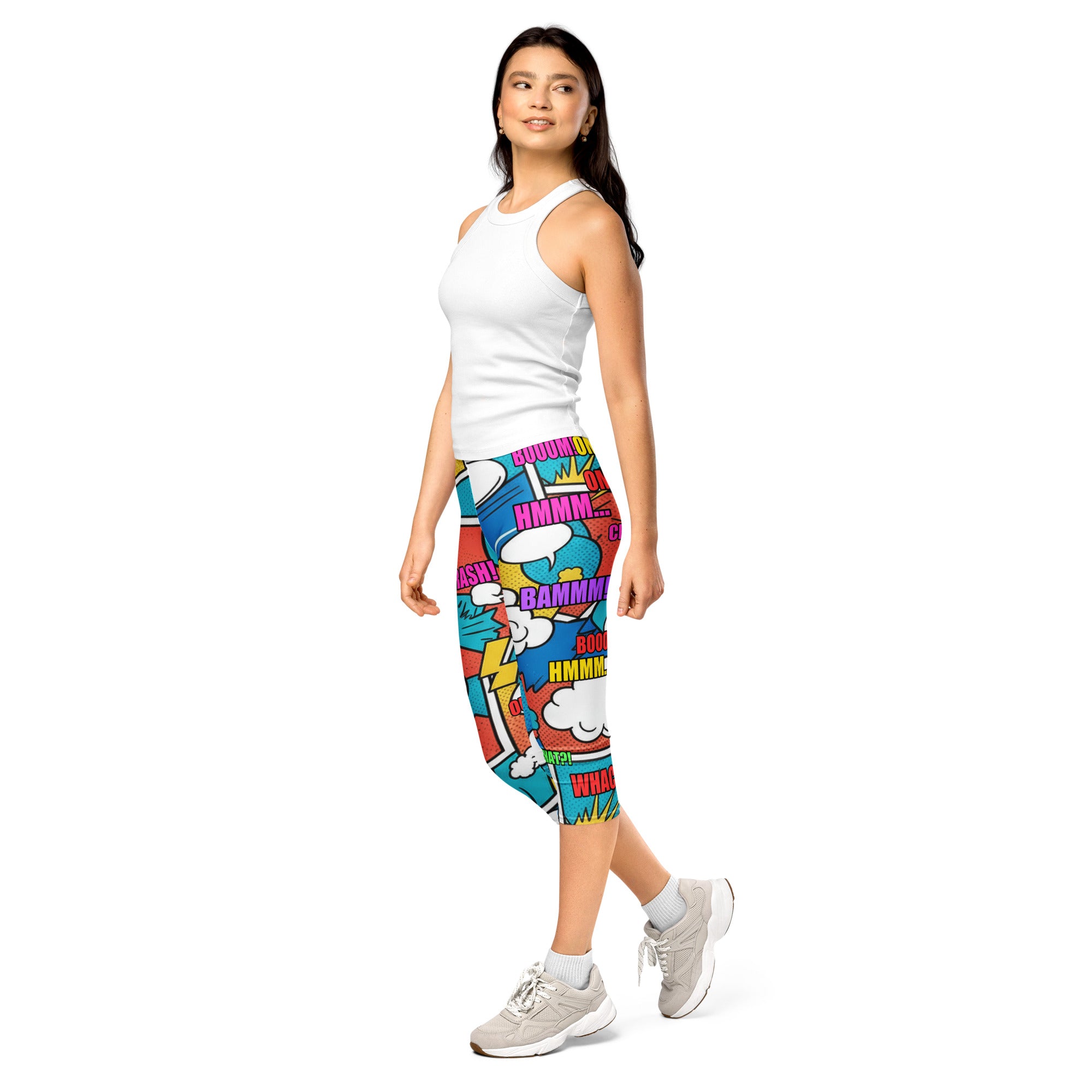 Women's comic strip surf kapow printed capris front view