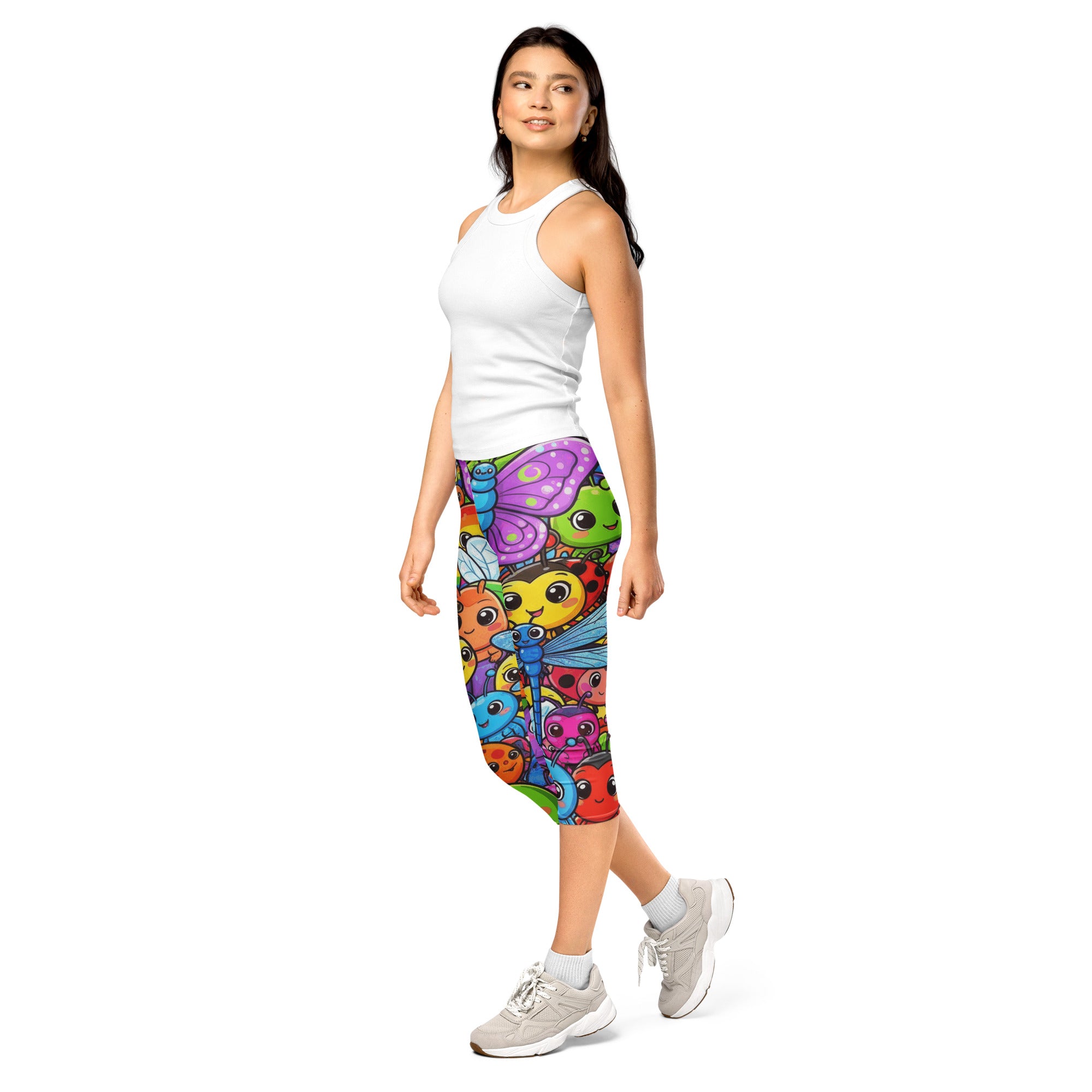 Women's vibrant bug life capri leggings front view