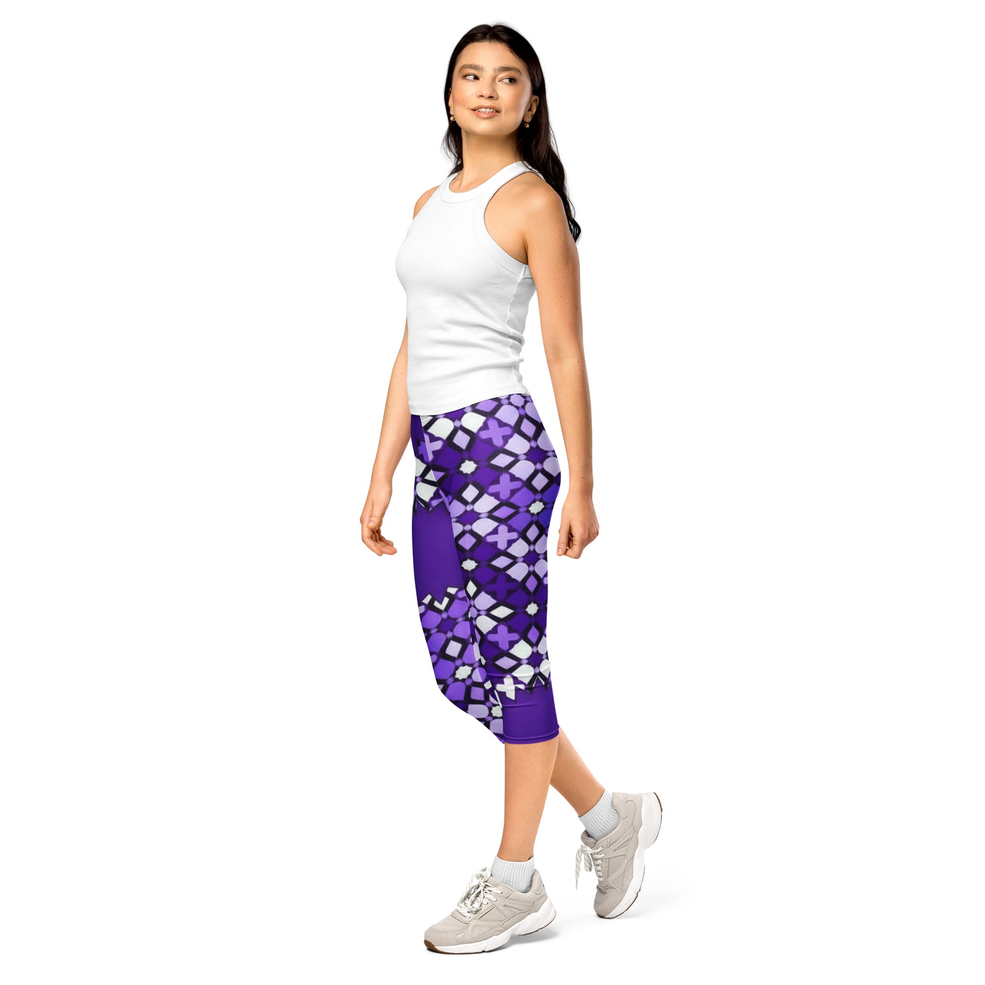 Women's purple zellige amethyst printed capri leggings front view