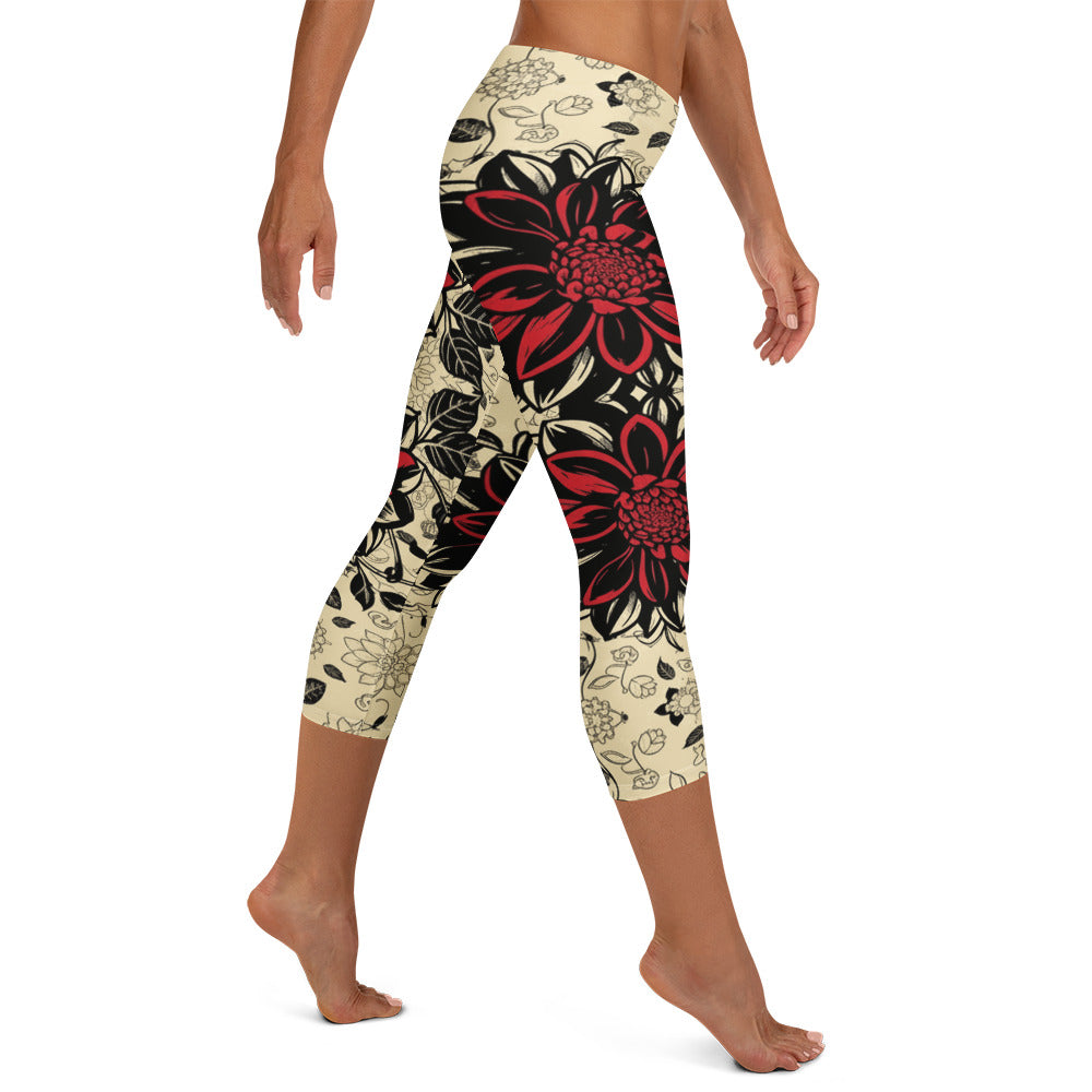 Black Dahlia Bloom Capri Leggings | GearBunch