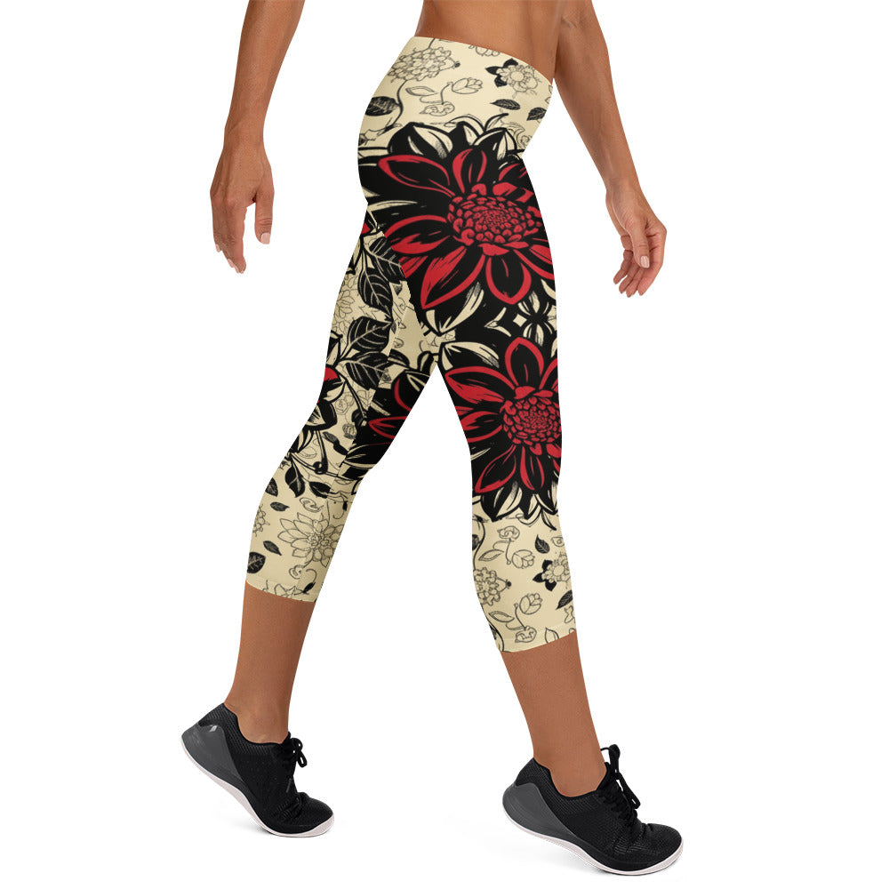 Black Dahlia Bloom Capri Leggings | GearBunch