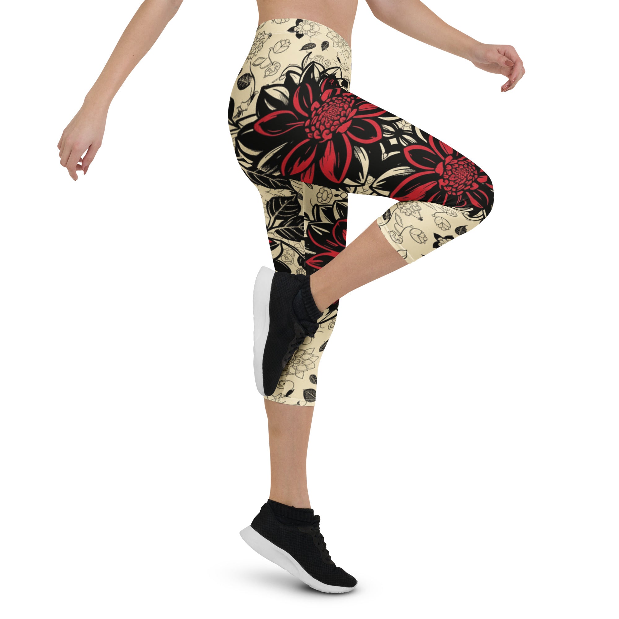Black Dahlia Bloom Capri Leggings | GearBunch