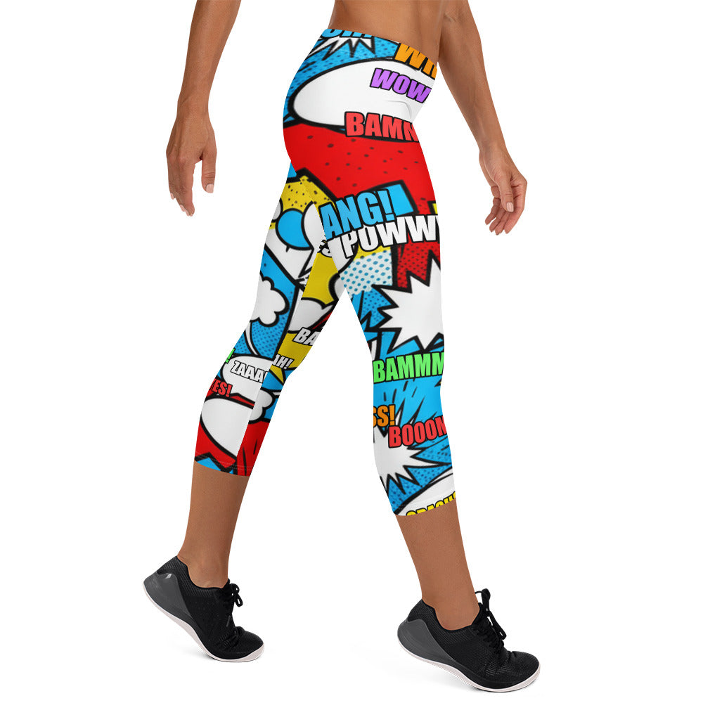 Comic Pop Electric Blue Capri Leggings | GearBunch
