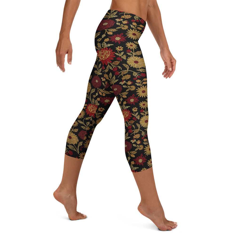 Gold Rose Garden Capri Leggings | GearBunch