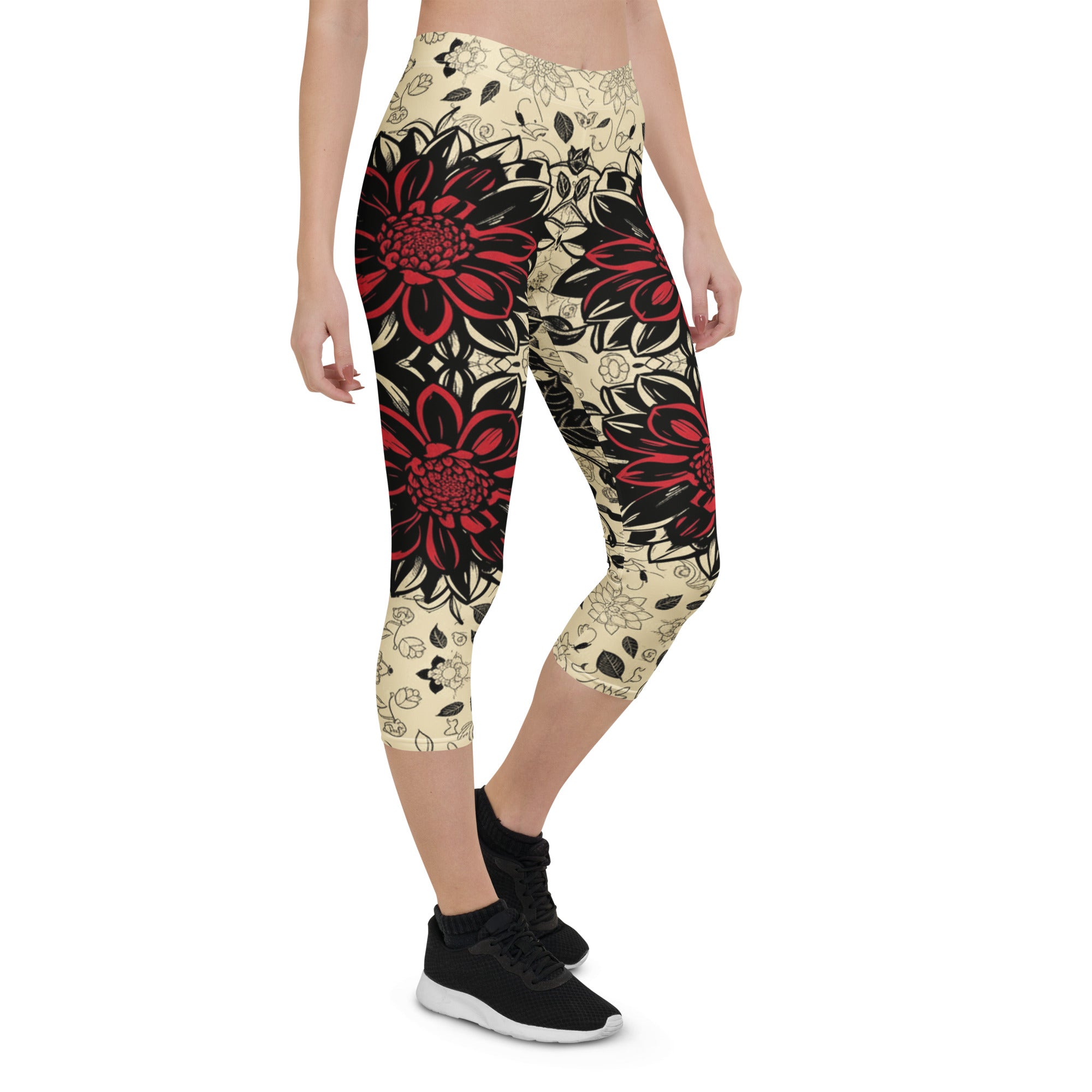 Black Dahlia Bloom Capri Leggings | GearBunch