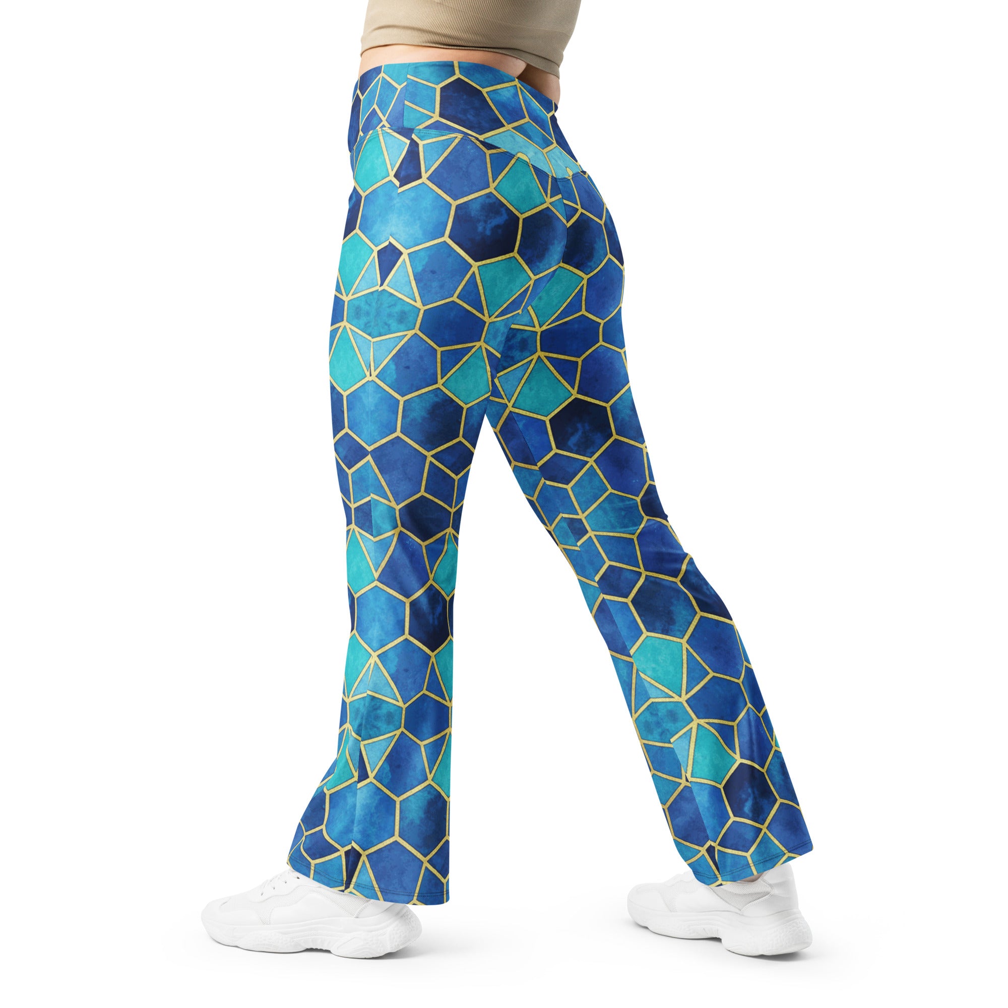 Arabic Watercolour Ocean Blues Flare Leggings | GearBunch