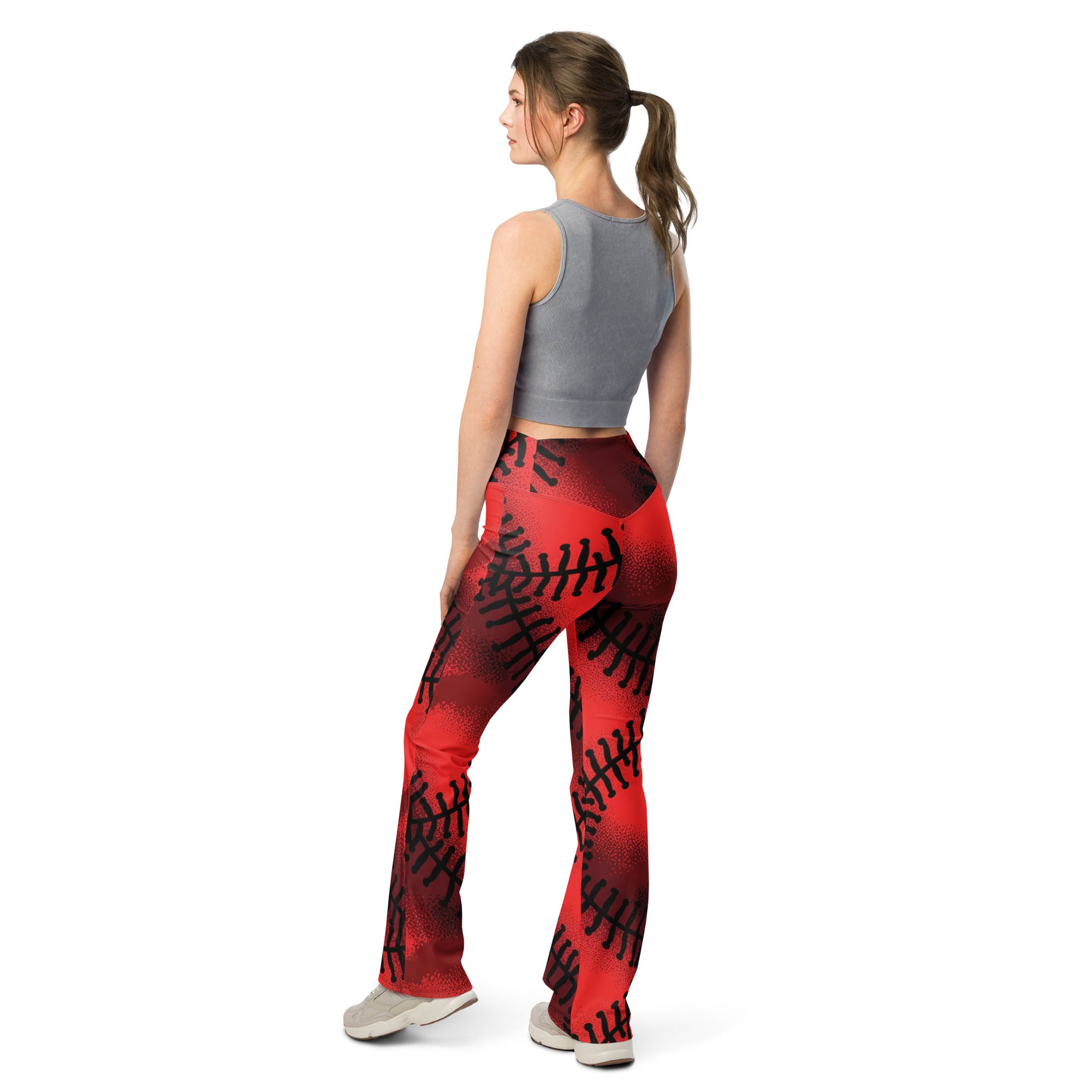 Black Baseball Stitches Flare Leggings | GearBunch