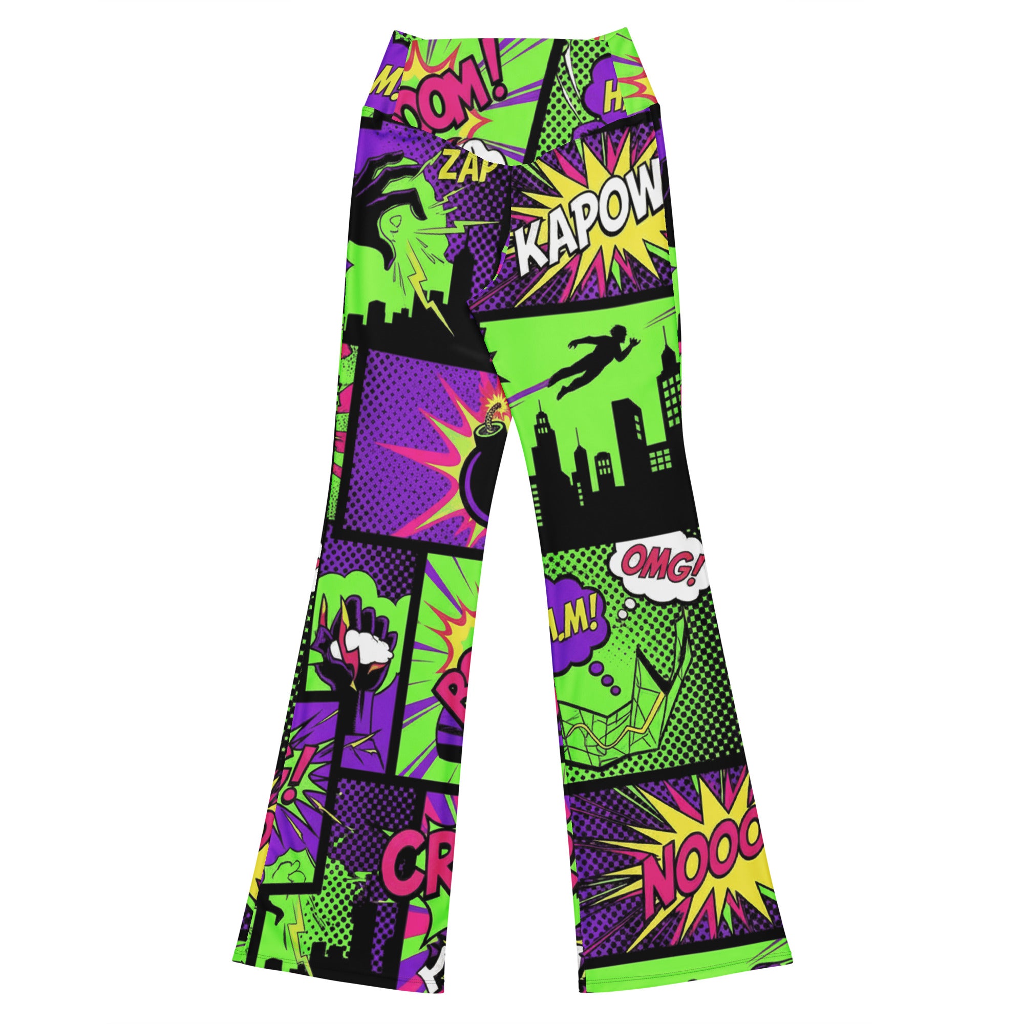 Comic Strip Neon Villain Flare Leggings | GearBunch