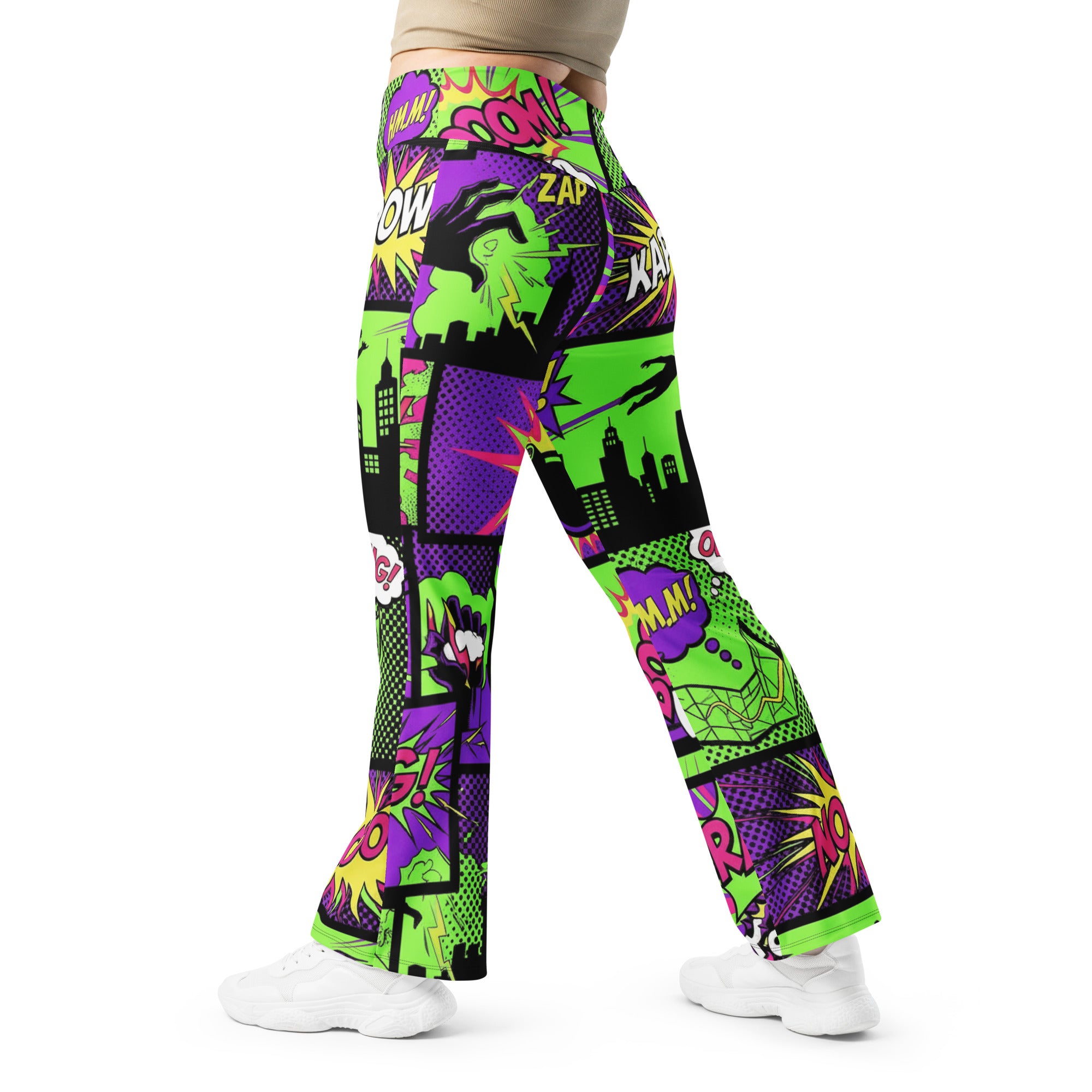 Comic Strip Neon Villain Flare Leggings | GearBunch