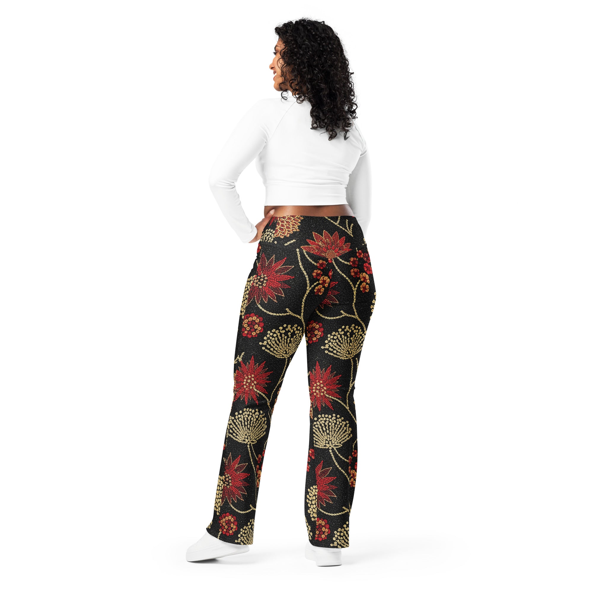 Gold Paillette Rose Garden Flare Leggings | GearBunch