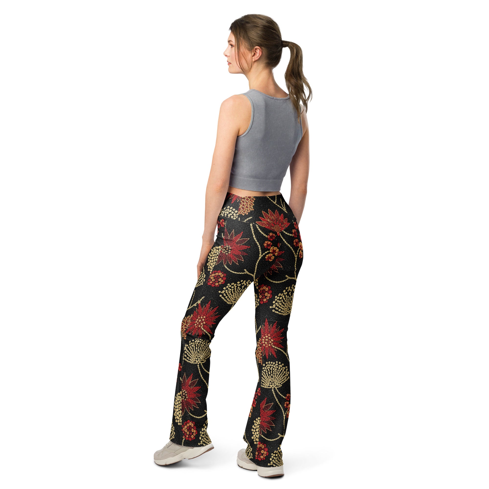 Gold Paillette Rose Garden Flare Leggings | GearBunch