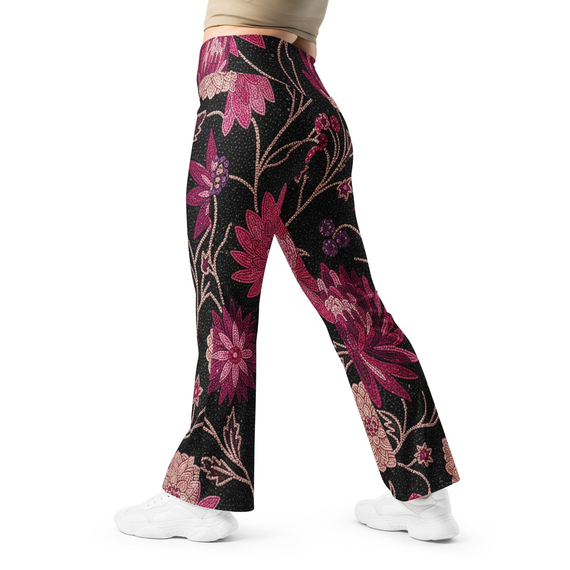Midnight Paillette Peony Flare Leggings | GearBunch