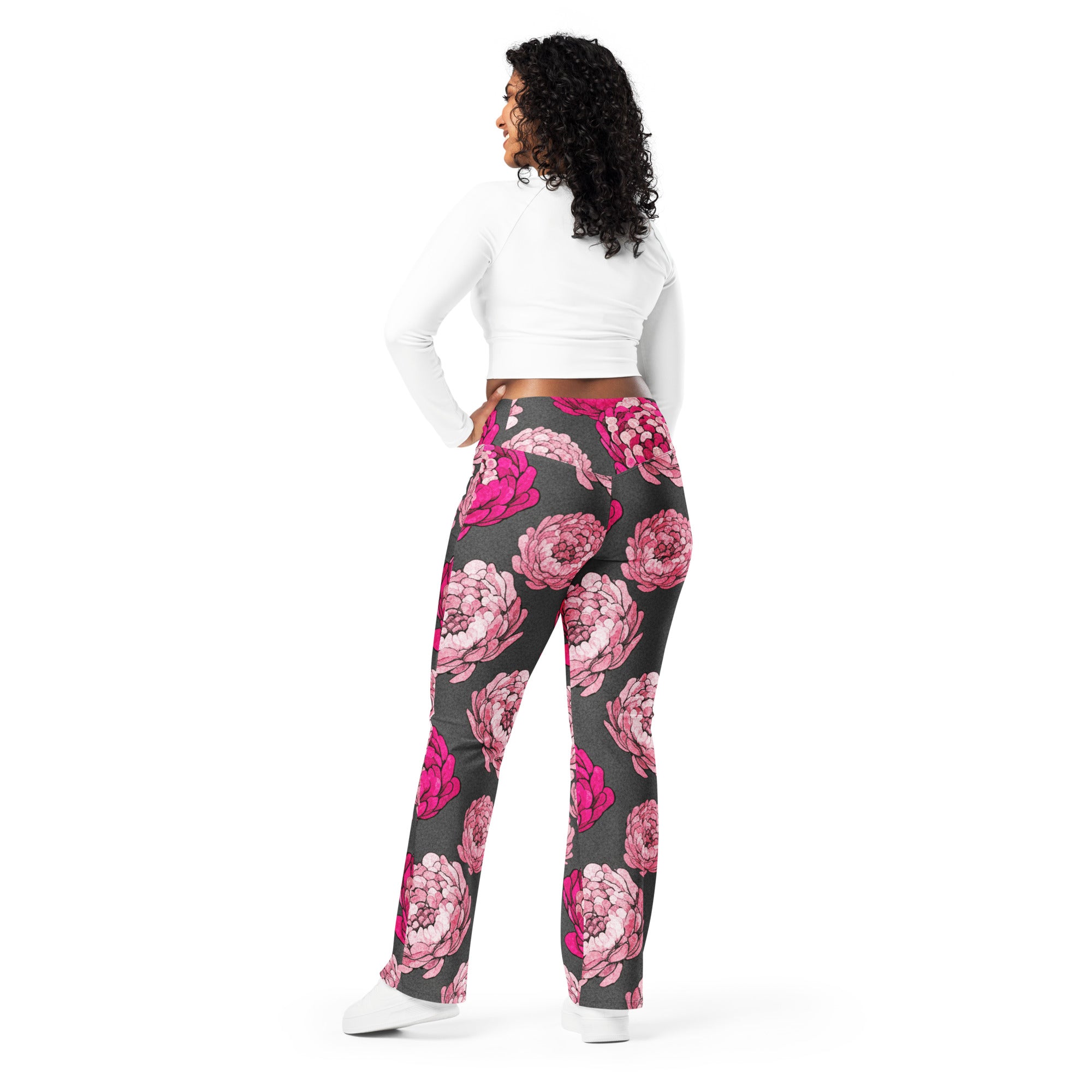 Pink Paillette Peony Flare Leggings | GearBunch