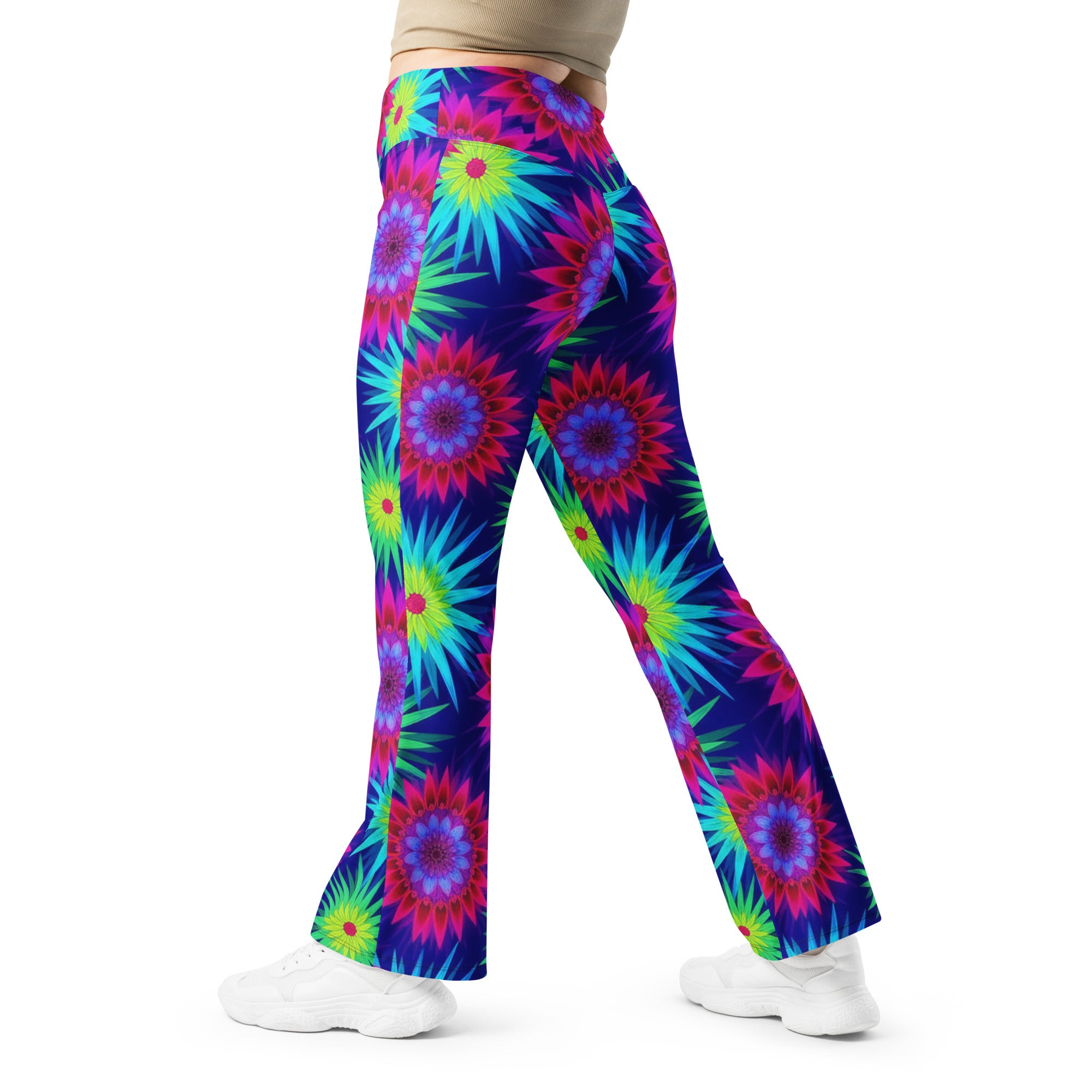 Psychedelic Neon Rainbow Burst Flare Leggings | GearBunch