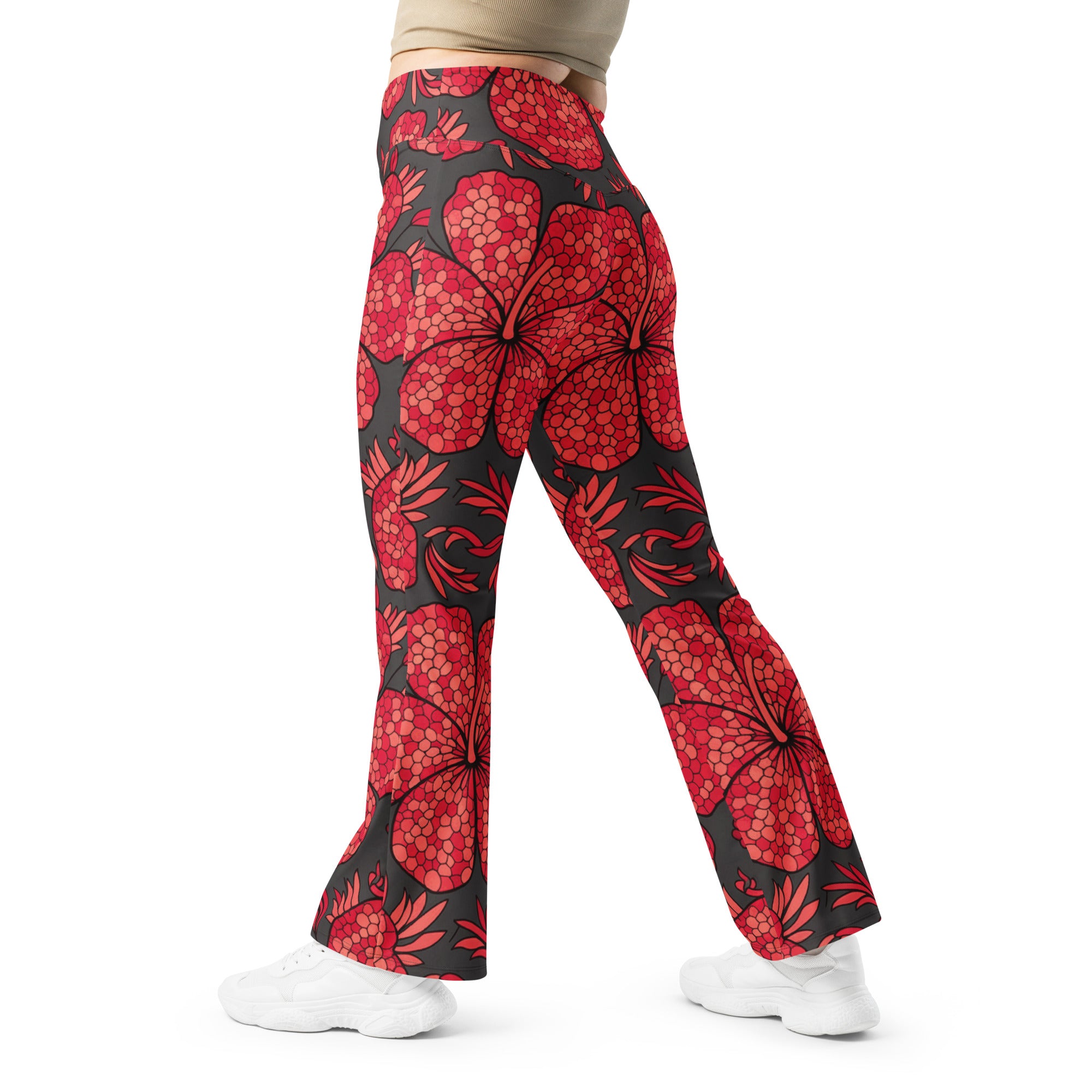 Scarlet Paillette Hibiscus Flare Leggings | GearBunch