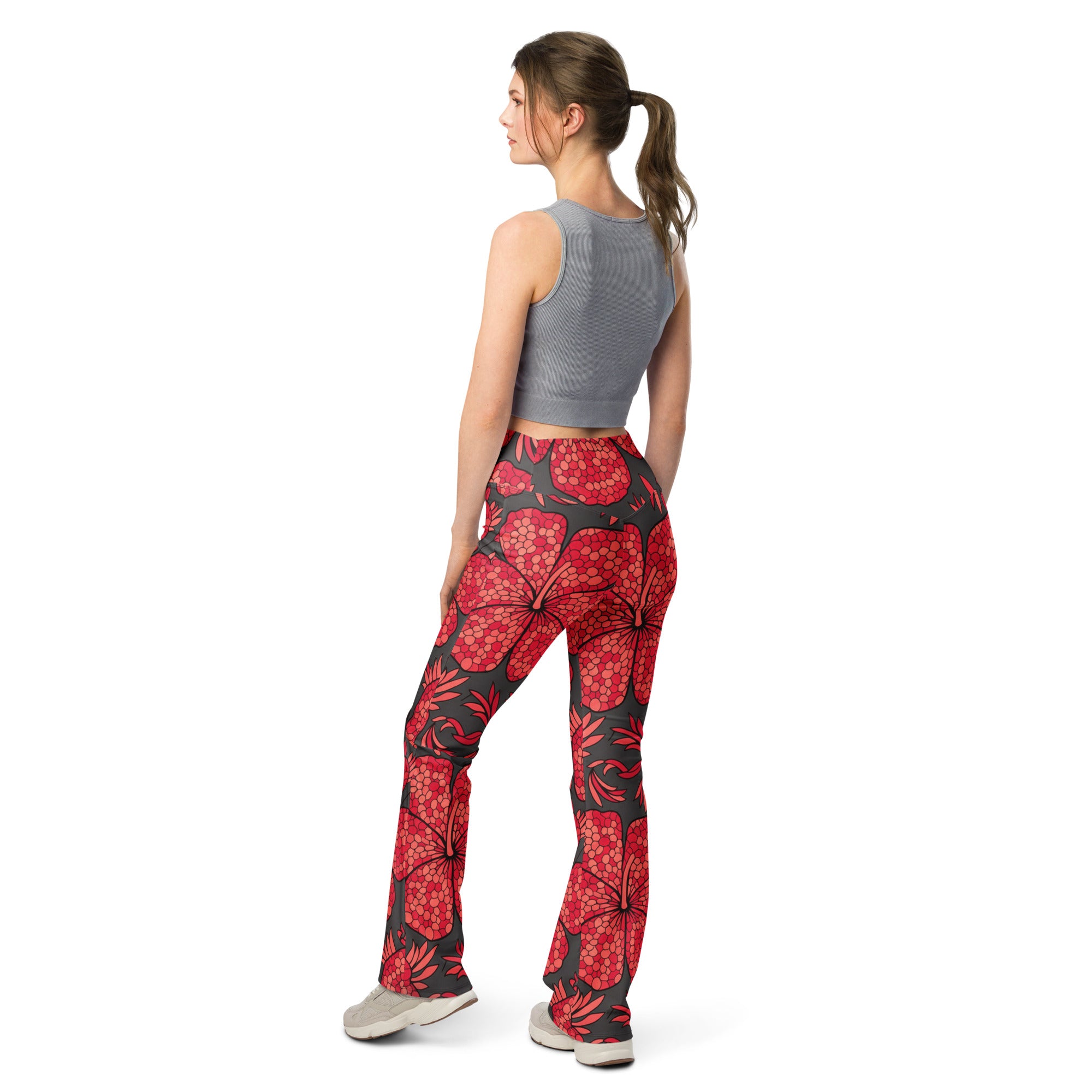 Scarlet Paillette Hibiscus Flare Leggings | GearBunch