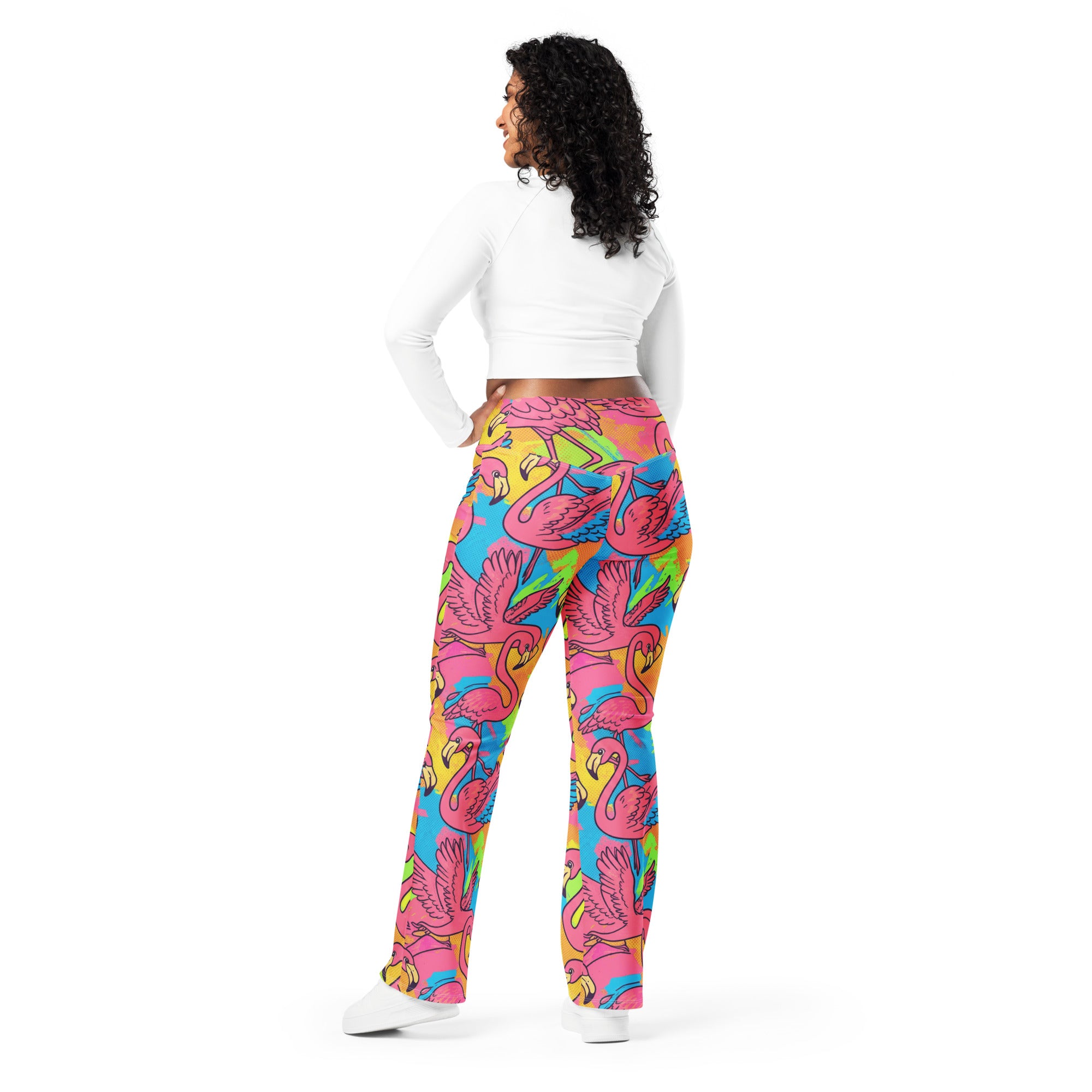 Vibrant Flamingo Flock Flare Leggings | GearBunch