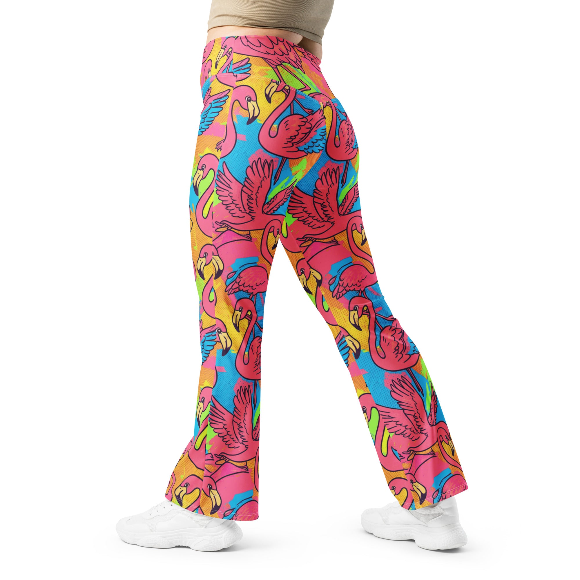 Vibrant Flamingo Flock Flare Leggings | GearBunch
