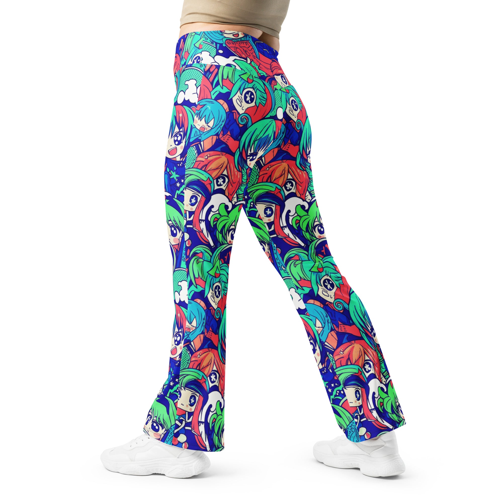 Anime Collage Ocean Wave Flare Leggings | GearBunch