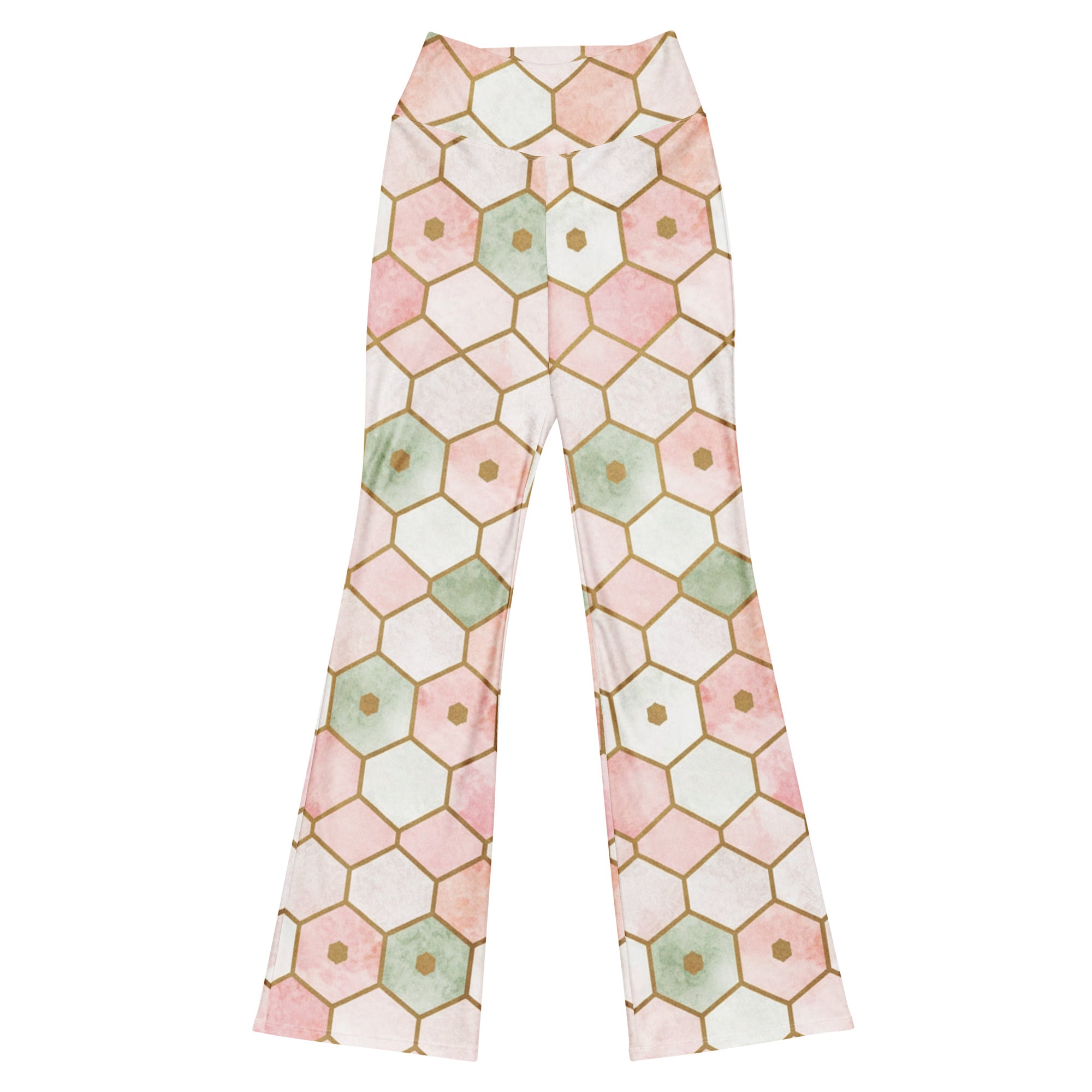 Detailed all-over geometric cherry blossom print on GearBunch Flare Leggings with gold accents.