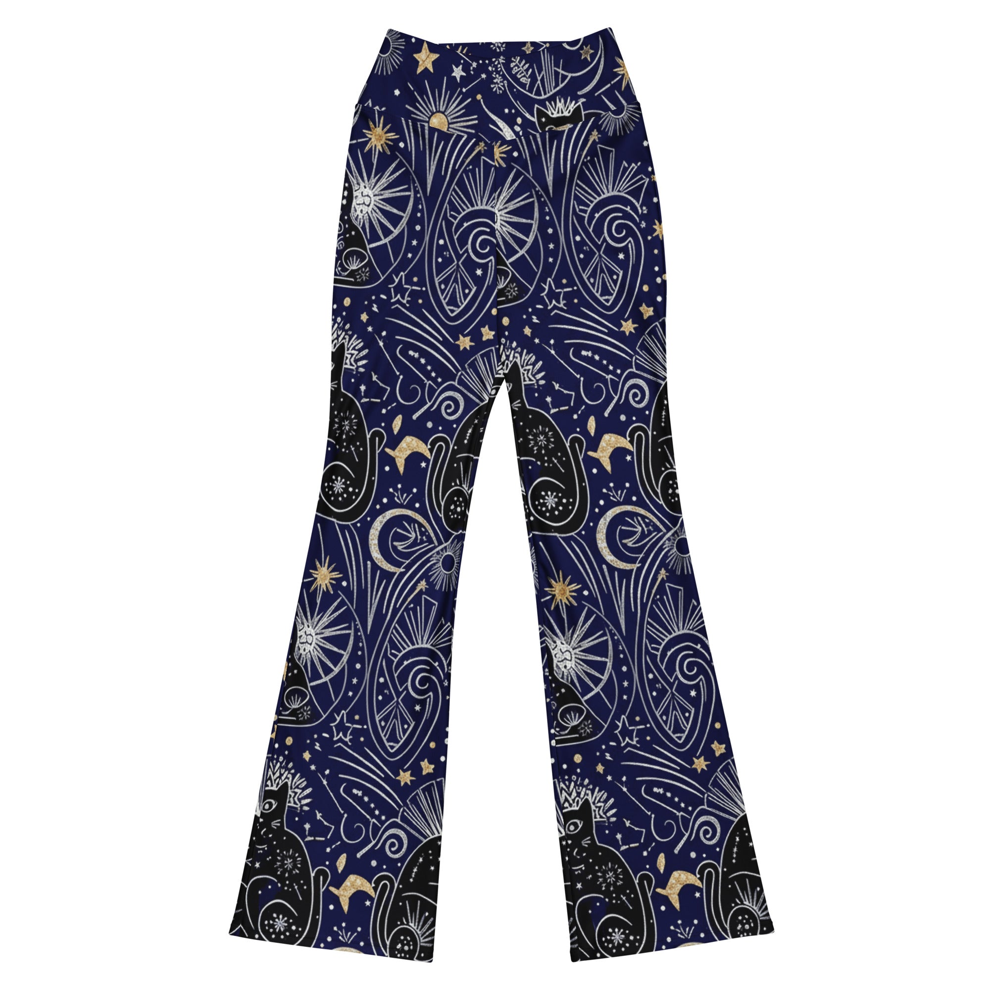 Stunning all-over print of celestial cats on GearBunch Flare Leggings. Midnight blue, silver, and gold design.
