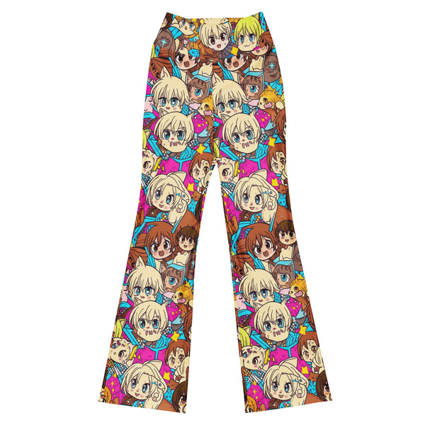Ultra-vibrant anime collage print featuring cats in a Japanese cafe setting on GearBunch Flare Leggings