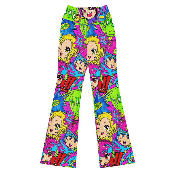 Ultra-vibrant Anime Collage Chibi Party Flare Leggings by GearBunch. Bold colours and fun anime design.