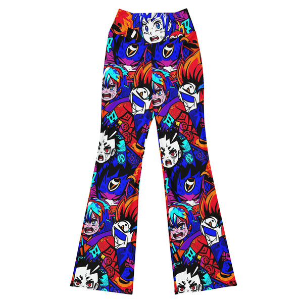 Ultra-vibrant anime collage print GearBunch Flare Leggings featuring dynamic manga-style characters and bold colours.