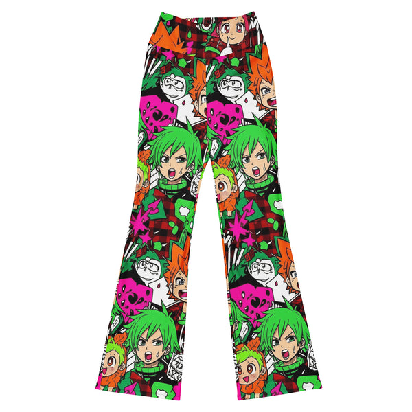 Vibrant anime collage print on GearBunch Flare Leggings featuring expressive characters and bold colours.