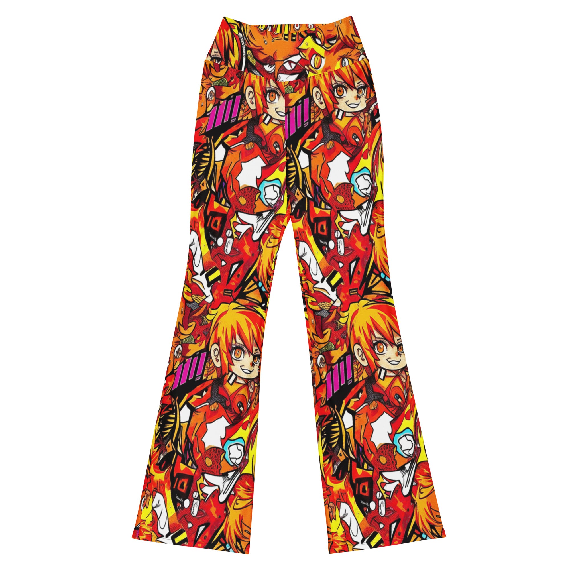 Anime Collage Fire Spirit Flare Leggings. High-energy anime-inspired design, GearBunch Flare Leggings.