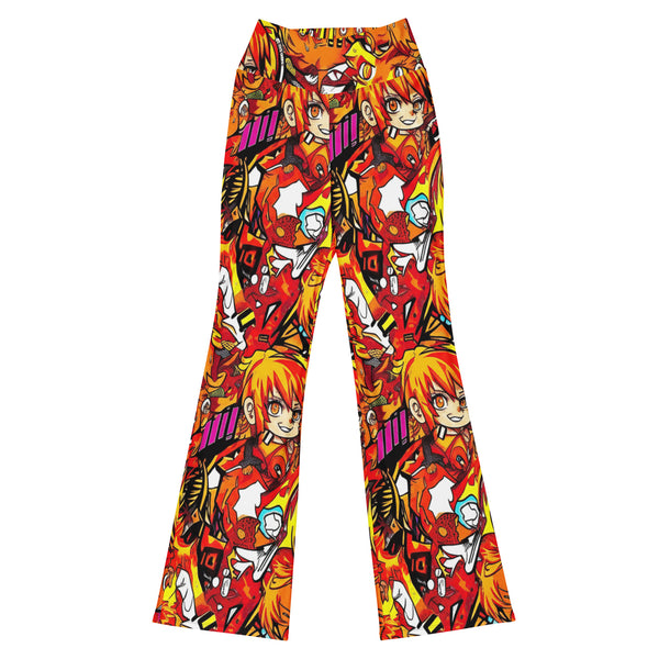 Anime Collage Fire Spirit Flare Leggings. High-energy anime-inspired design, GearBunch Flare Leggings.