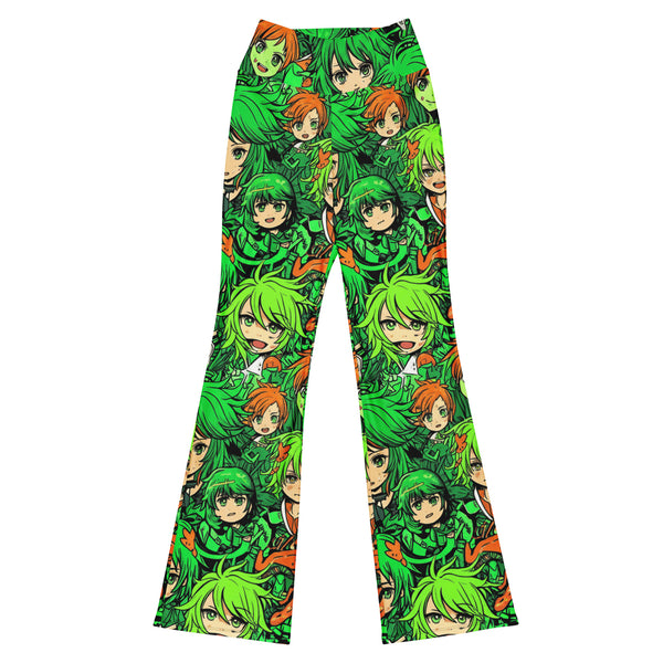 Vibrant anime collage print on GearBunch Flare Leggings featuring forest spirit theme and bold colours.
