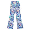 Vibrant Anime Collage Ice Kingdom Flare Leggings from GearBunch, featuring anime-style characters in blue, white and lavender.