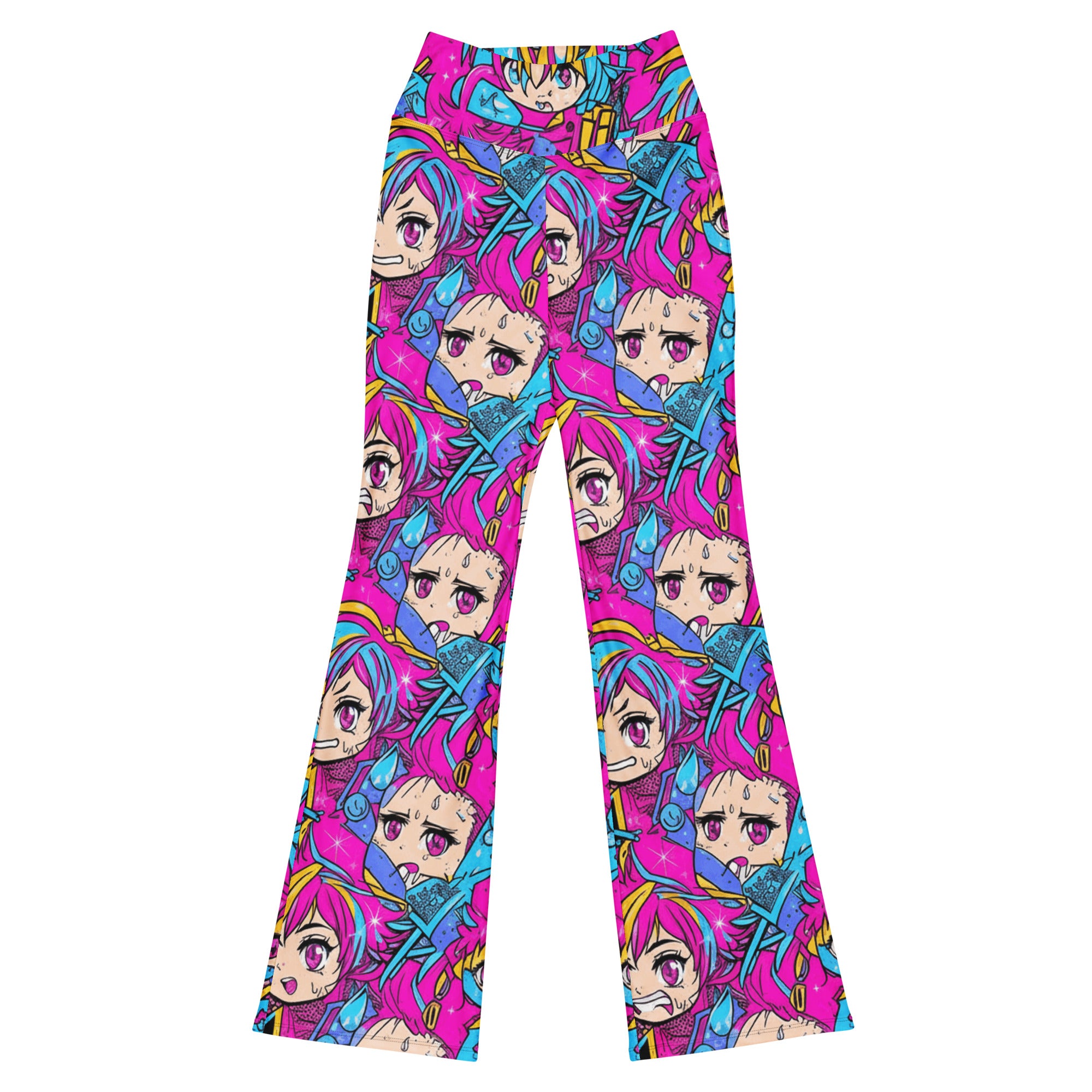 Ultra-vibrant anime manga collage print GearBunch Flare Leggings featuring magical girl characters and neon colours