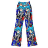 Bold anime manga collage pattern on GearBunch Flare Leggings, featuring mecha pilot theme with vibrant neon colours.
