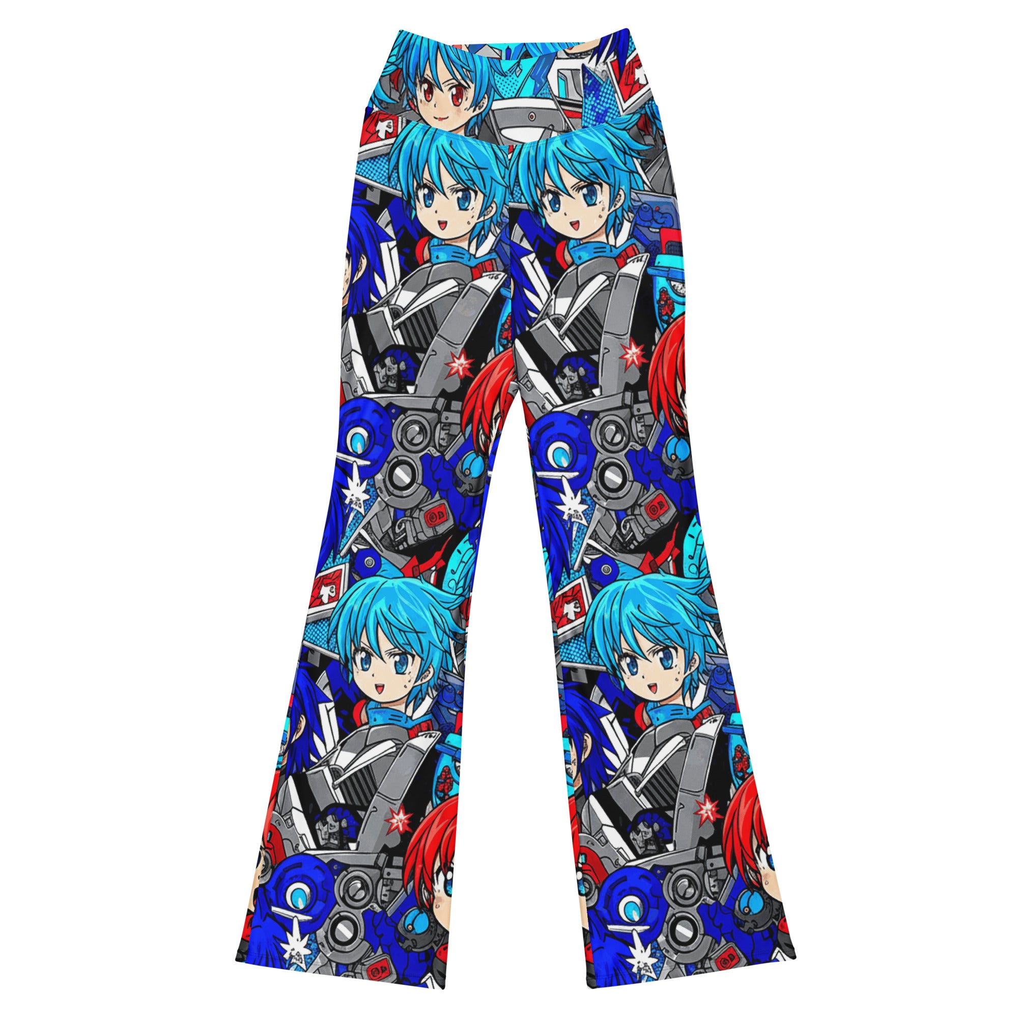 Bold anime manga collage pattern on GearBunch Flare Leggings, featuring mecha pilot theme with vibrant neon colours.