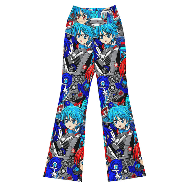Bold anime manga collage pattern on GearBunch Flare Leggings, featuring mecha pilot theme with vibrant neon colours.