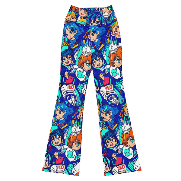 Ultra-bright anime manga collage on GearBunch Flare Leggings, featuring ocean wave theme and dynamic characters