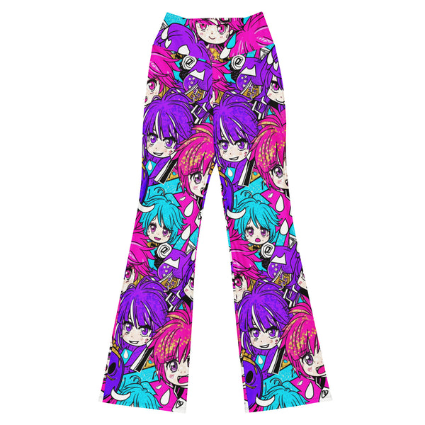 Ultra-vibrant anime manga collage print on GearBunch Flare Leggings. Pop idol style for maximum impact.
