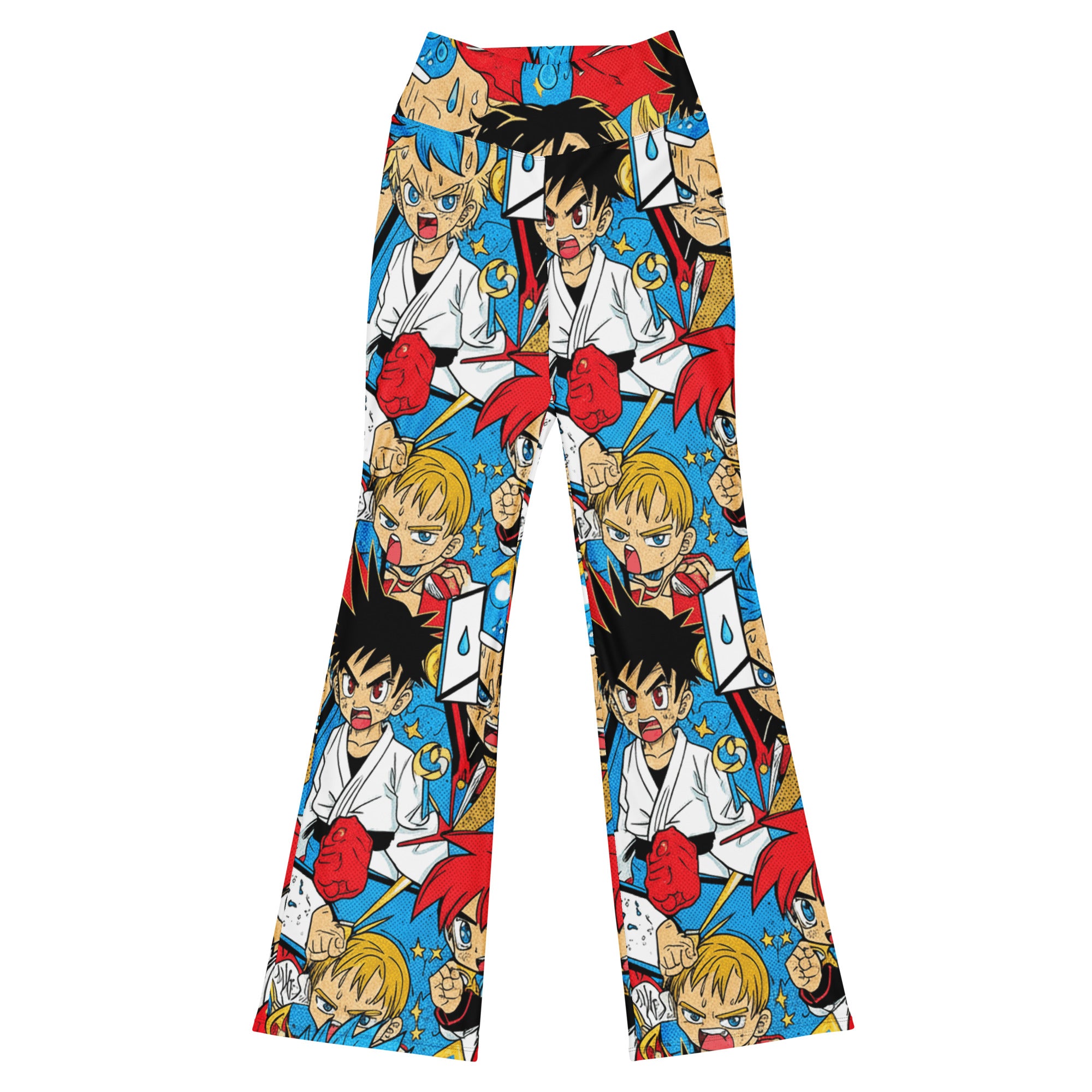 Vibrant Anime Collage Street Fighter Flare Leggings from GearBunch, featuring a dynamic, colourful anime character pattern.