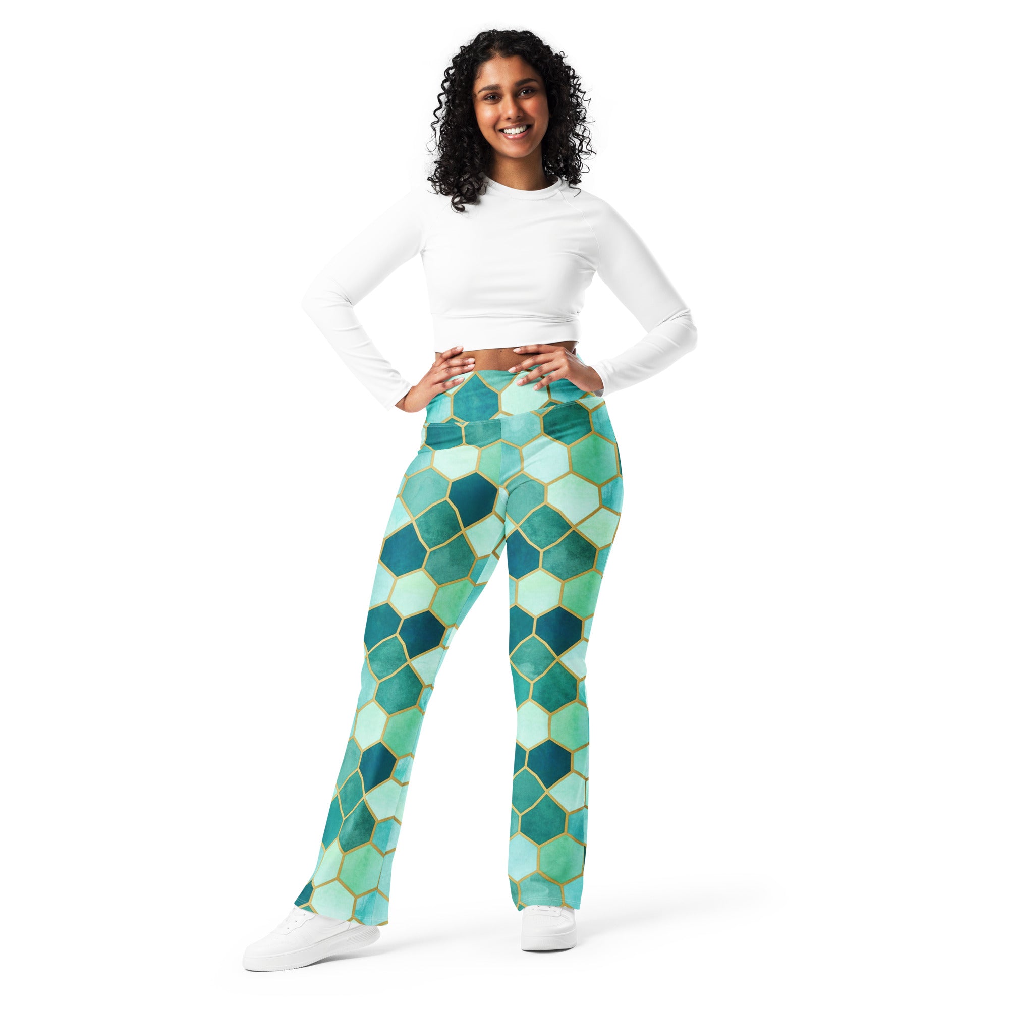 Arabic Watercolour Lagoon Flare Leggings | GearBunch