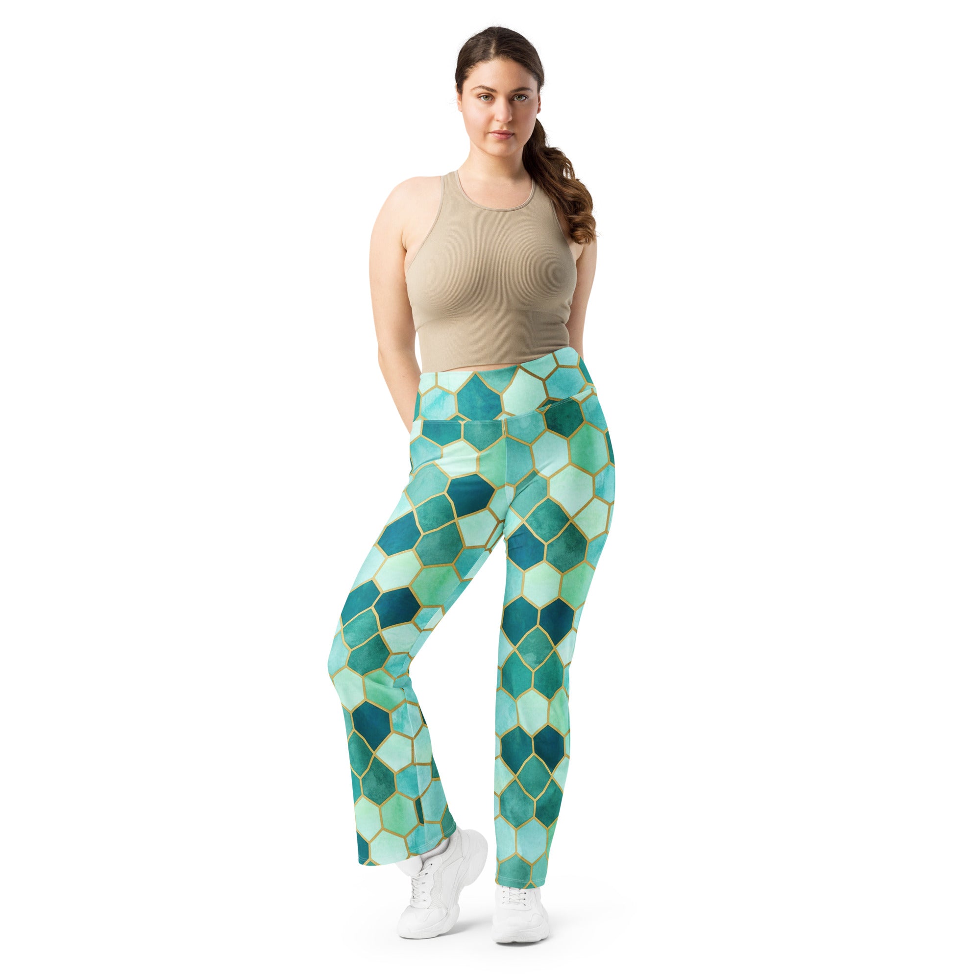 Arabic Watercolour Lagoon Flare Leggings | GearBunch