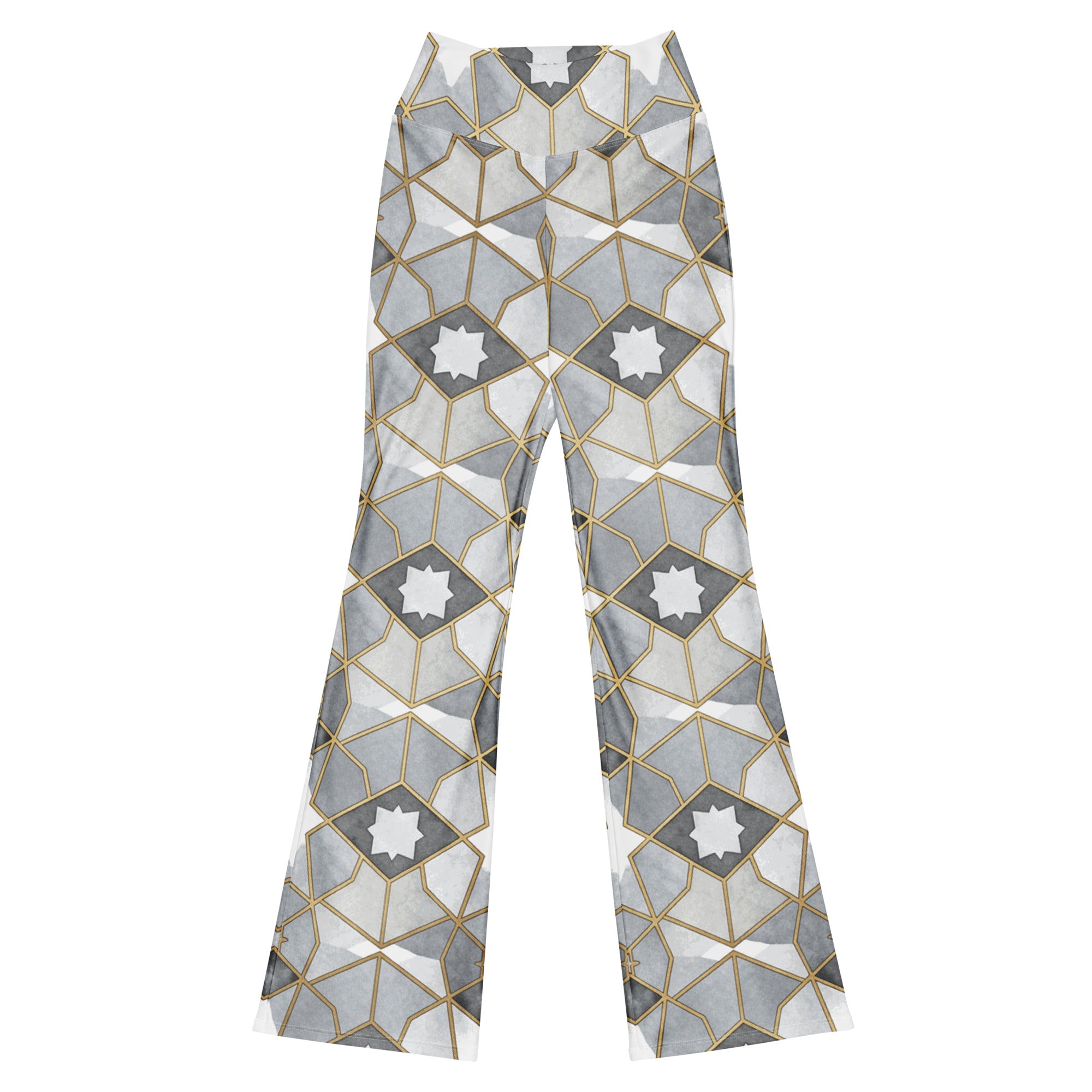 Model wearing GearBunch Arabic Watercolour Monochrome Luxe Flare Leggings with intricate grey, white, and gold pattern.